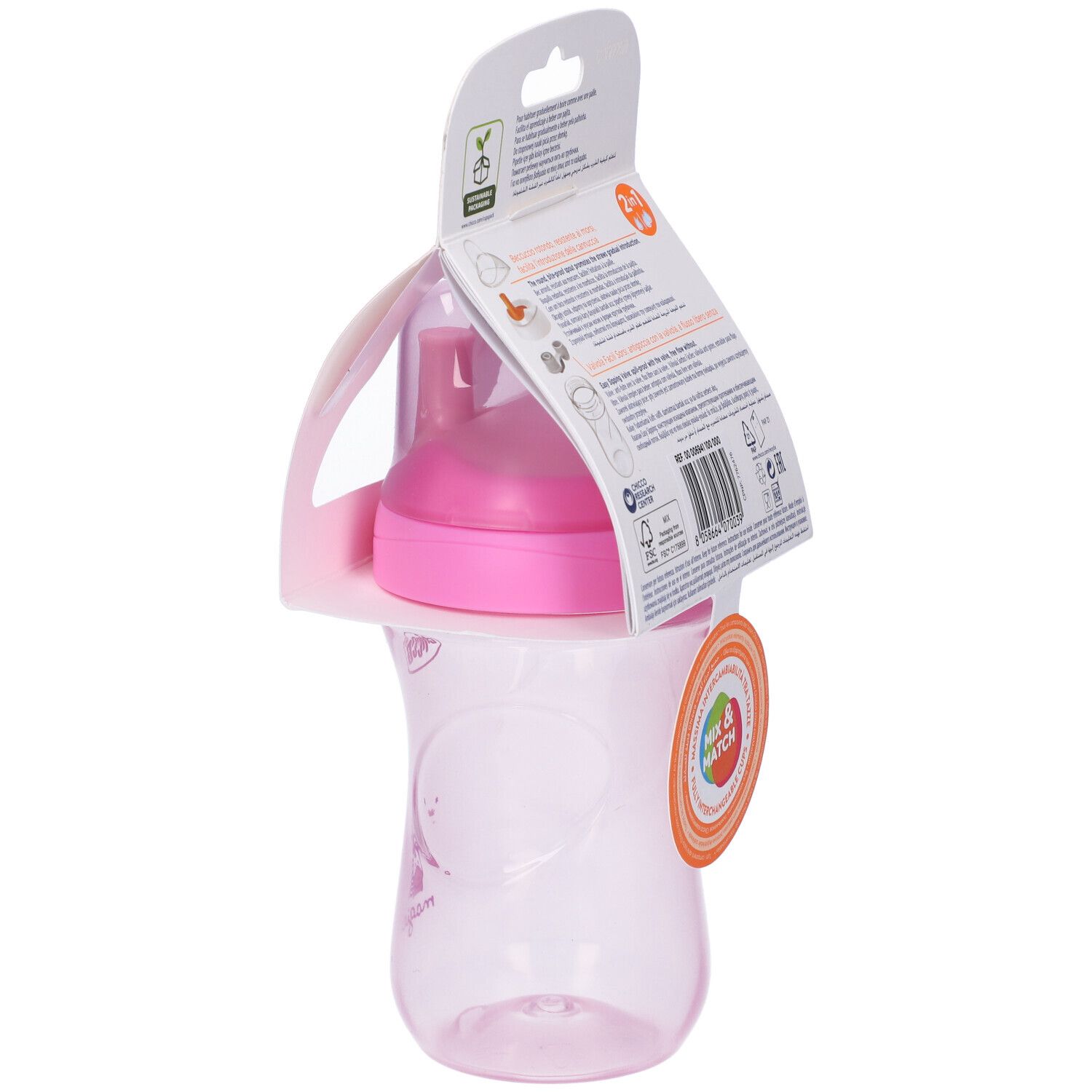 Vista laterale della confezione. Chicco Advanced Cup rosa, 12m+. Funzione 2-in-1. Informazioni e loghi del prodotto.