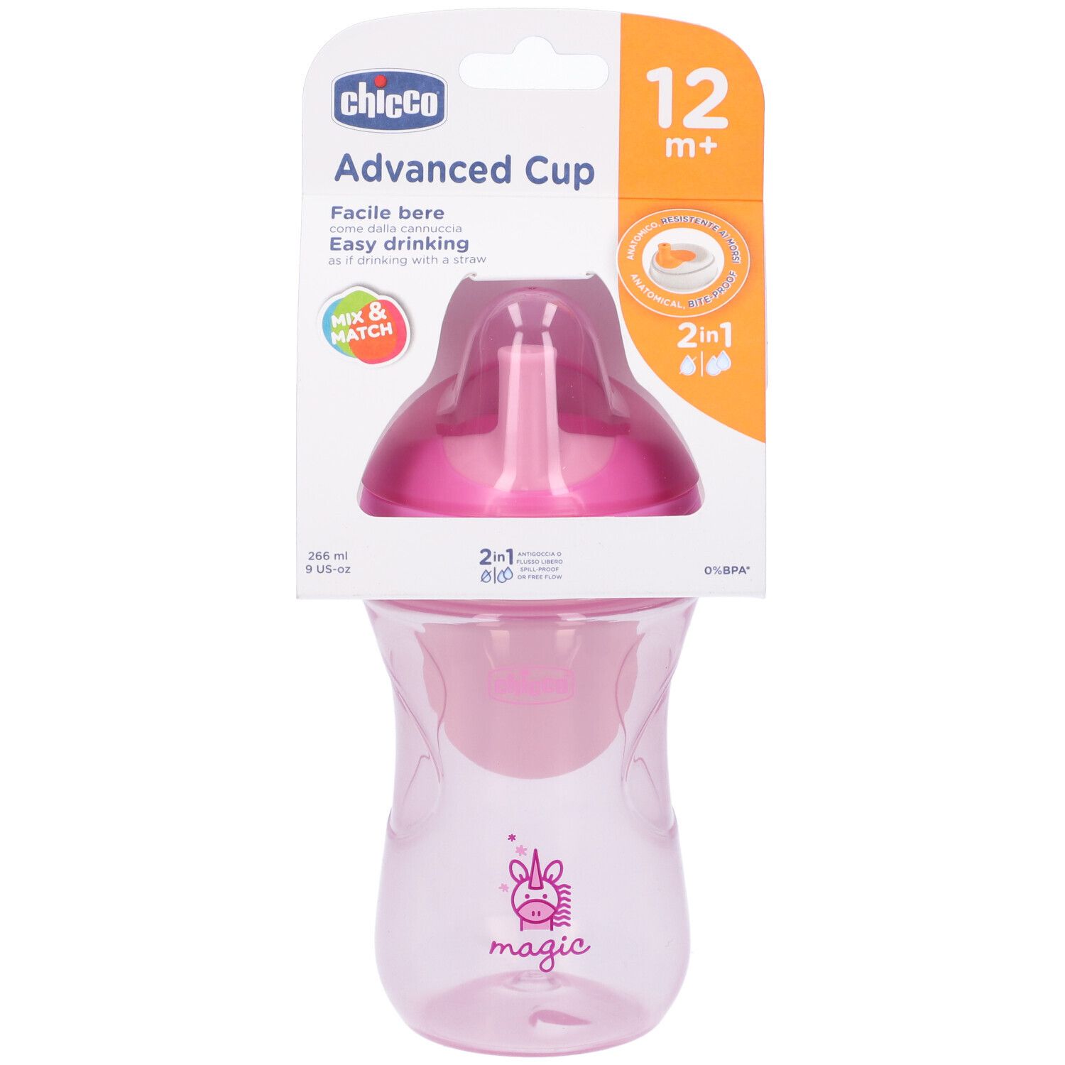 Chicco Advanced Cup rosa, 12m+. Confezione con prodotto, funzione 2-in-1. Nome e logo del prodotto visibili.