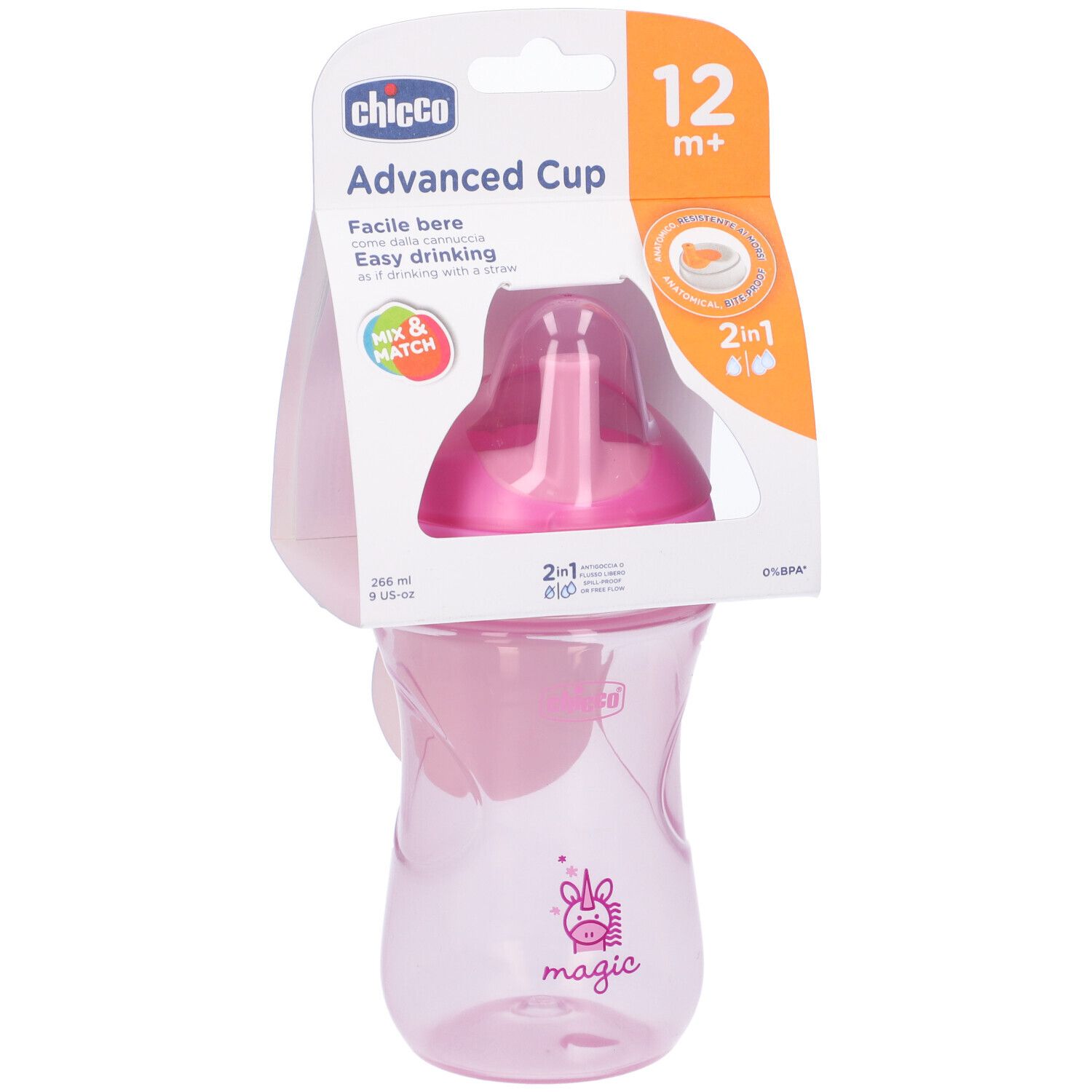 Chicco Advanced Cup rosa, 12m+. Confezione con prodotto, funzione 2-in-1. Nome e logo del prodotto visibili.