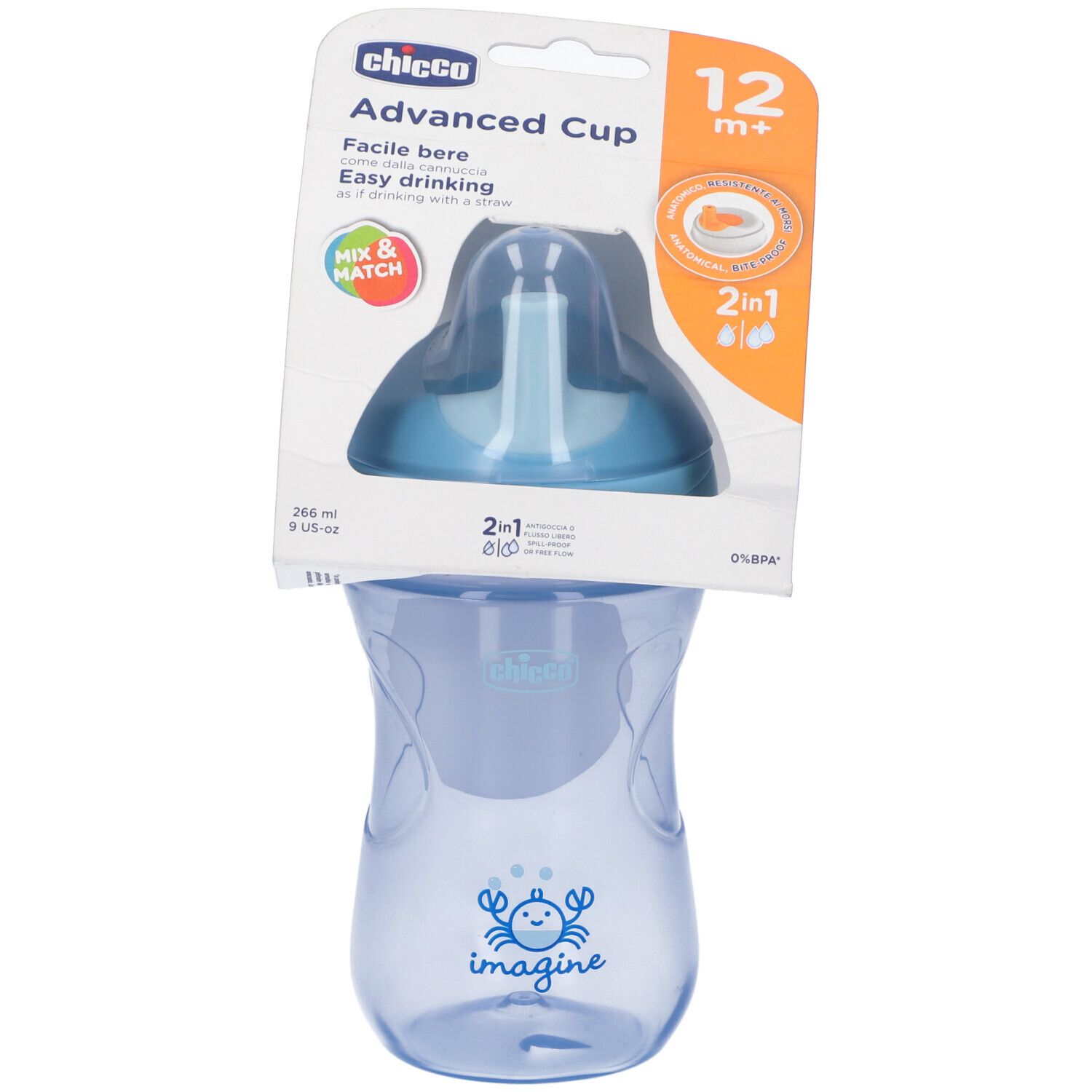 Tazza blu per bambini in confezione. Sulla confezione c'è scritto "Chicco Advanced Cup 12m+". Con stampa di granchio.