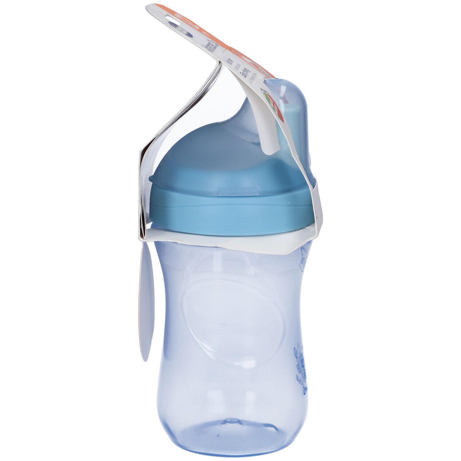 Tazza blu per bambini in confezione, vista laterale. Confezione con informazioni sul prodotto. Stampa: granchio.