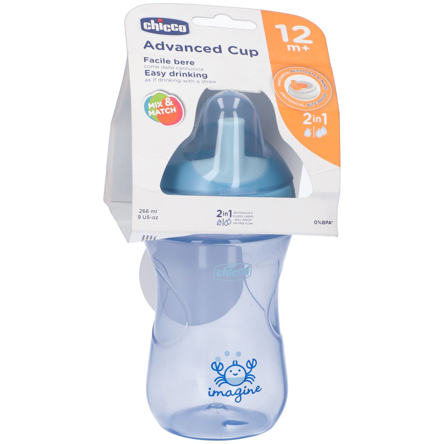 Tazza blu per bambini in confezione. Sulla confezione c'è scritto "Chicco Advanced Cup 12m+". Con stampa di granchio.