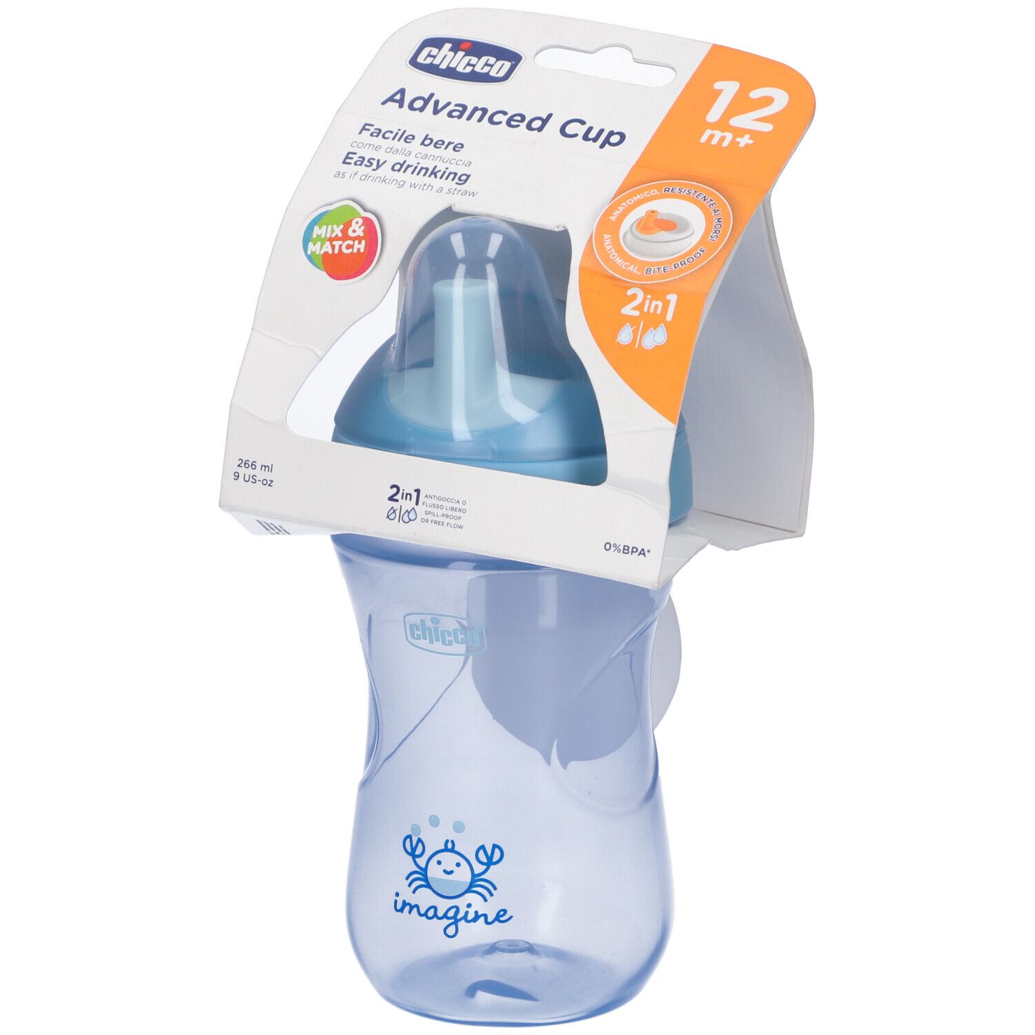 Tazza blu per bambini in confezione. Sulla confezione c'è scritto "Chicco Advanced Cup 12m+". Con stampa di granchio.