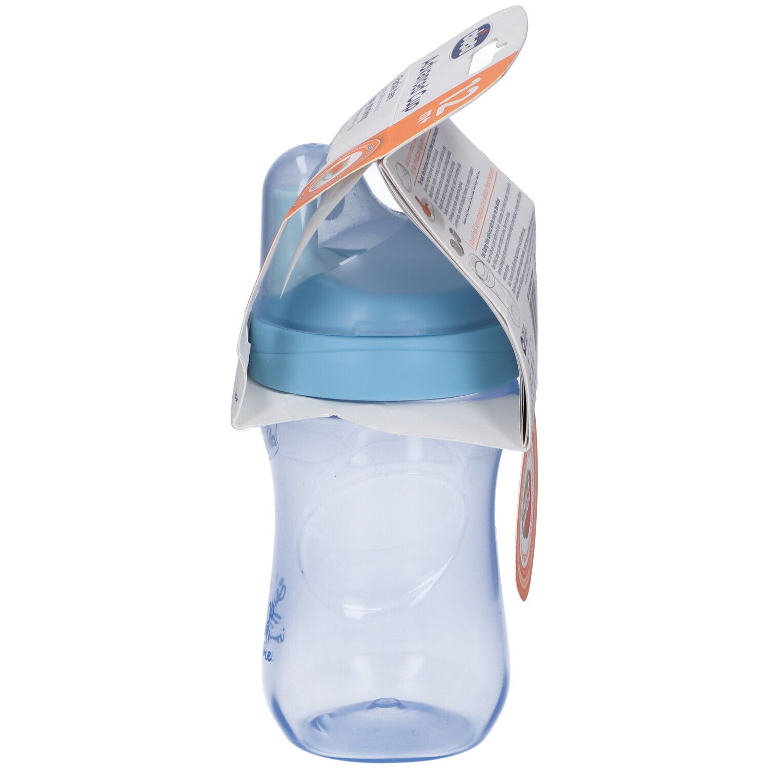 Tazza blu per bambini in confezione, vista laterale. Confezione con informazioni sul prodotto. Stampa: granchio.