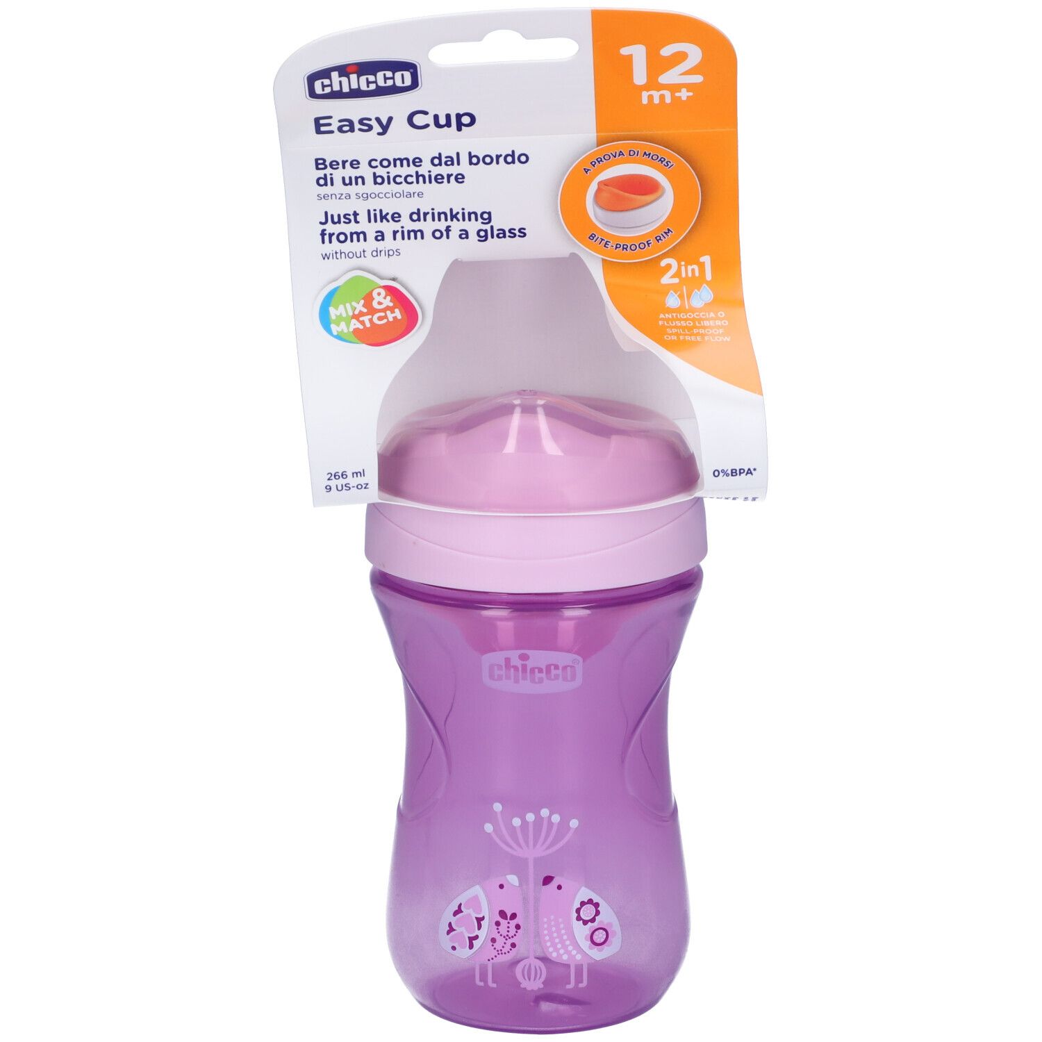 Chicco Easy Cup rosa, vista frontale. Tazza con coperchio, rosa e trasparente. 12+ mesi.