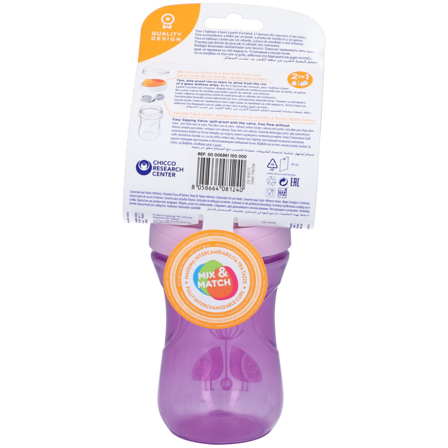 Retro della confezione Chicco Easy Cup. Informazioni sul prodotto, loghi e certificazioni. 12+ mesi.