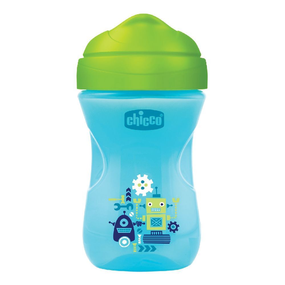 Bicchiere blu con coperchio verde. Stampa di robot. Marchio: Chicco.