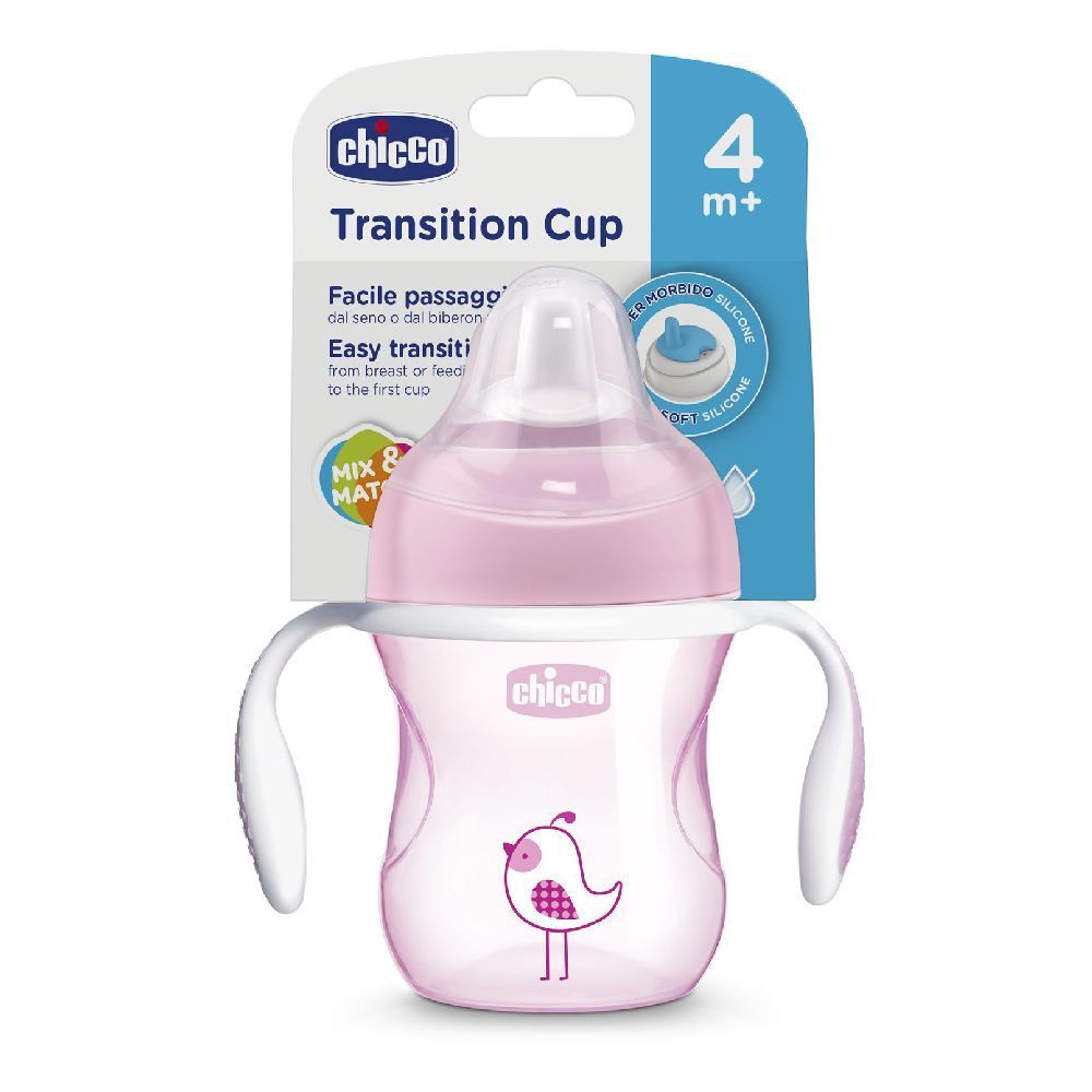 Rosa Chicco Transition Cup. Mit Griffen, Schnabel und Vogel-Design. Verpackung mit Produktinformationen.