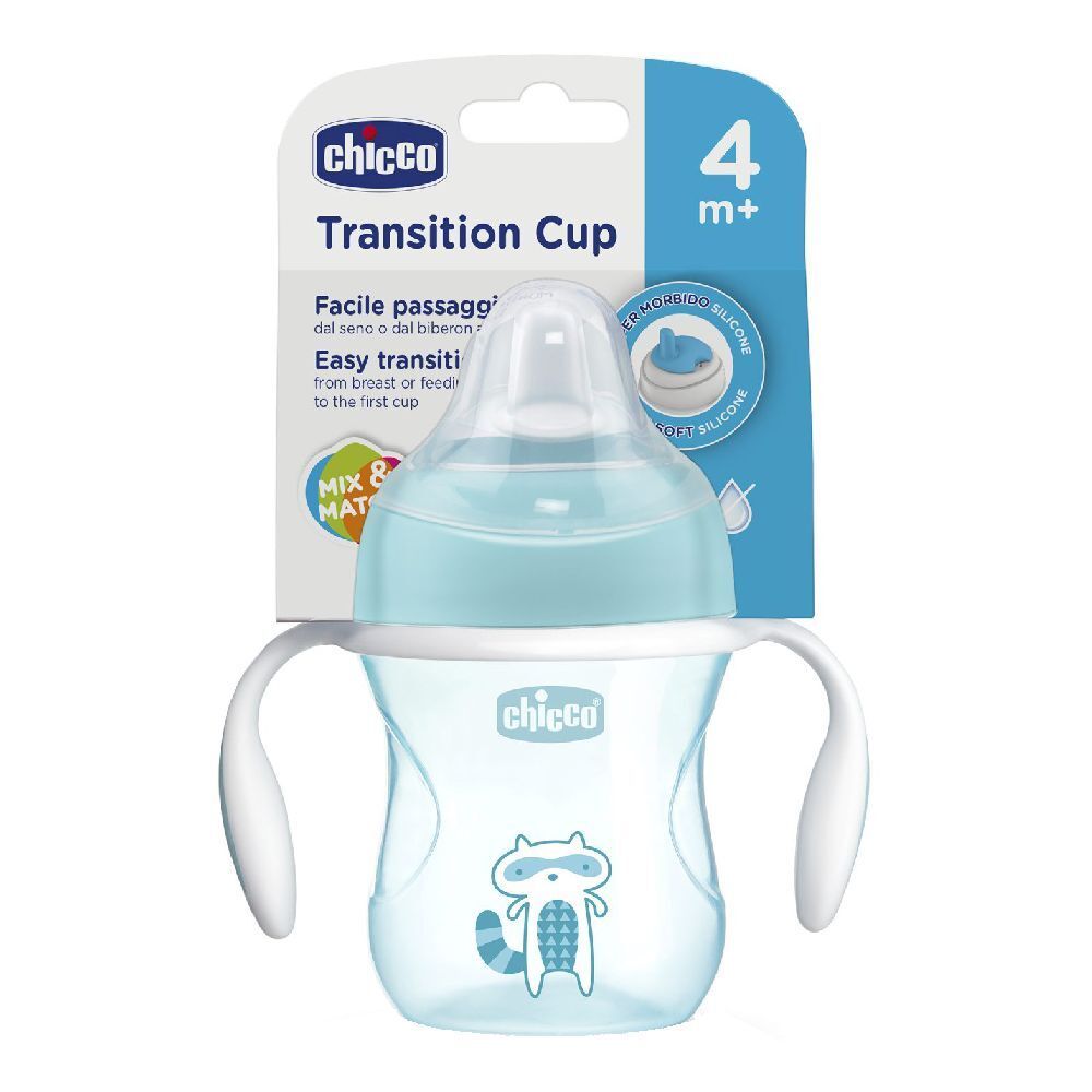 Tazza di transizione azzurra con manici bianchi e tettarella. Confezione con nome del prodotto e logo. 4m+.