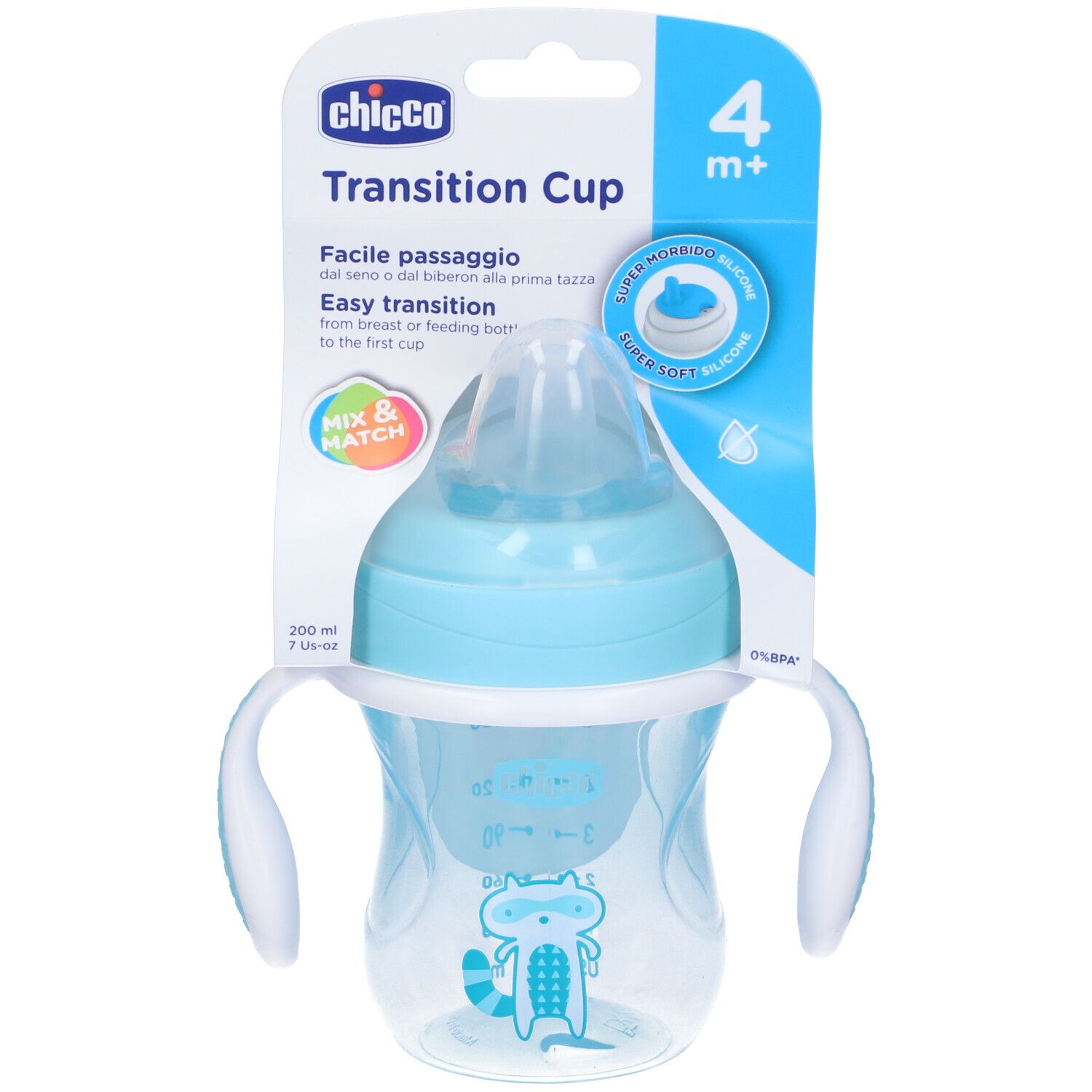 Tazza di transizione azzurra con manici e tettarella. Confezione con nome, volume e logo. 4m+.