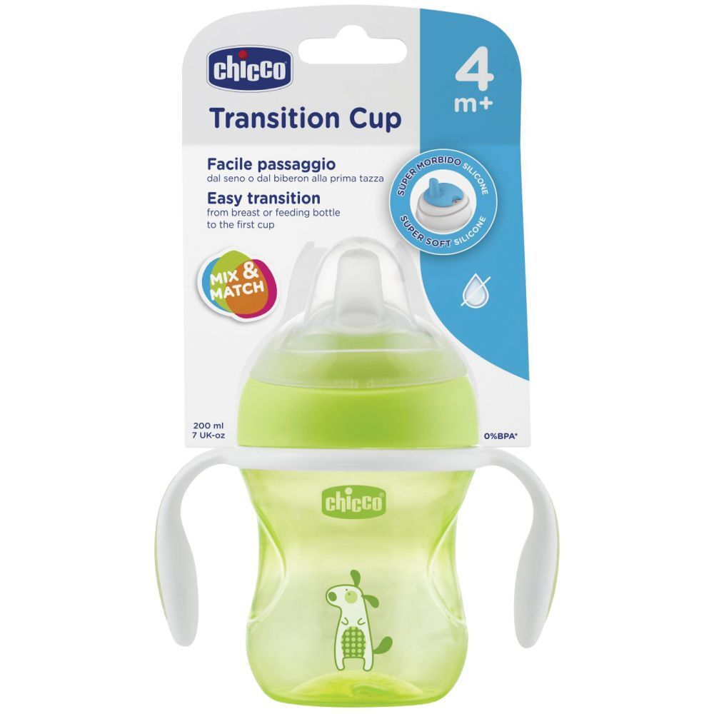 Chicco Transition Cup verde, con manici, tettarella e coperchio. Confezione con informazioni sul prodotto.