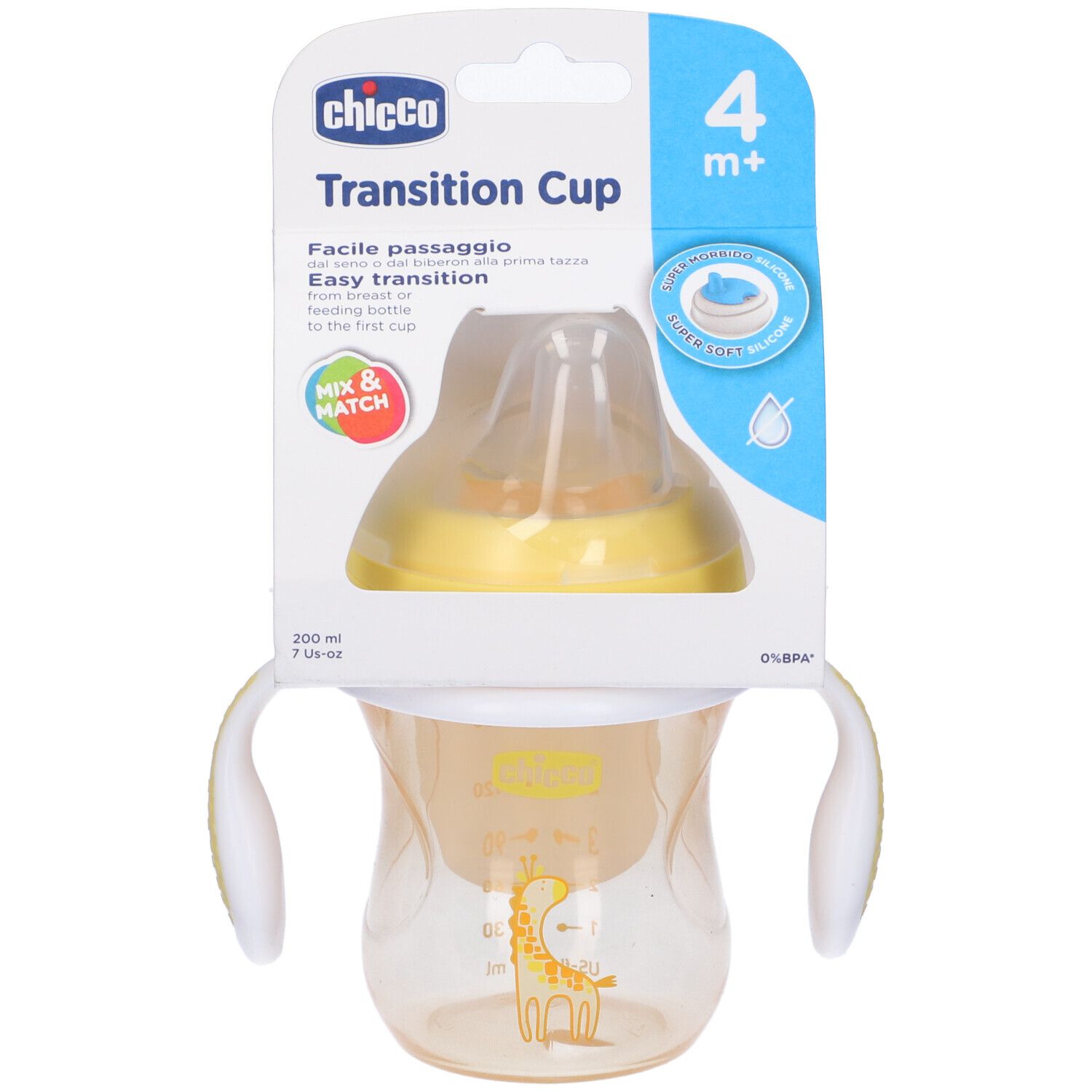 Chicco Transition Cup giallo, con manici, tettarella e coperchio. Confezione con informazioni sul prodotto.