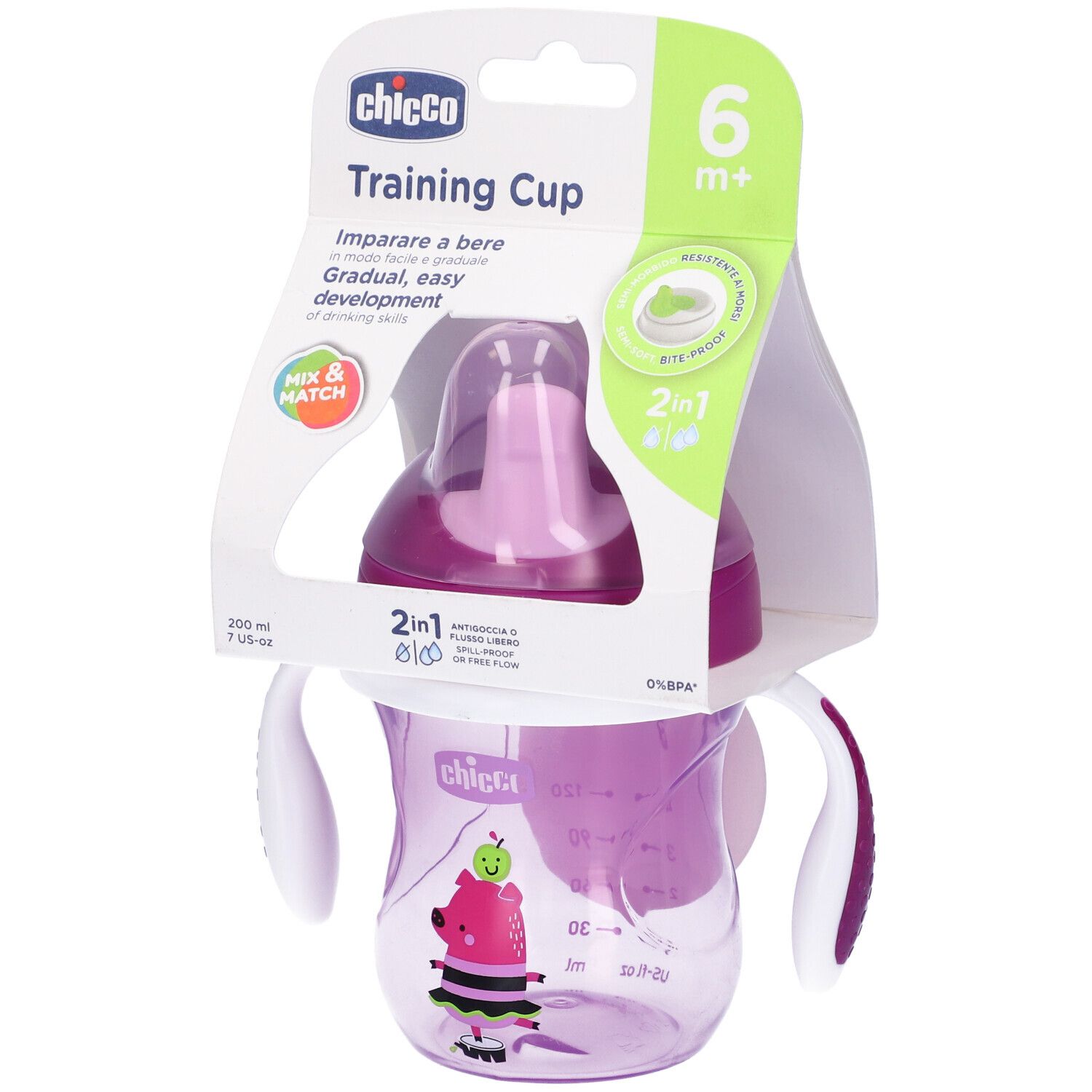 Tazza rosa con confezione. La tazza ha manici e coperchio. Sulla confezione c'è scritto 'Training Cup'.