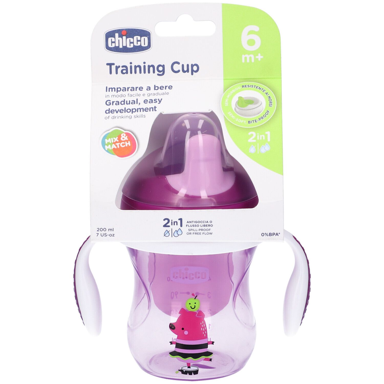 Tazza rosa con confezione. La tazza ha manici e coperchio. Sulla confezione c'è scritto 'Training Cup'.