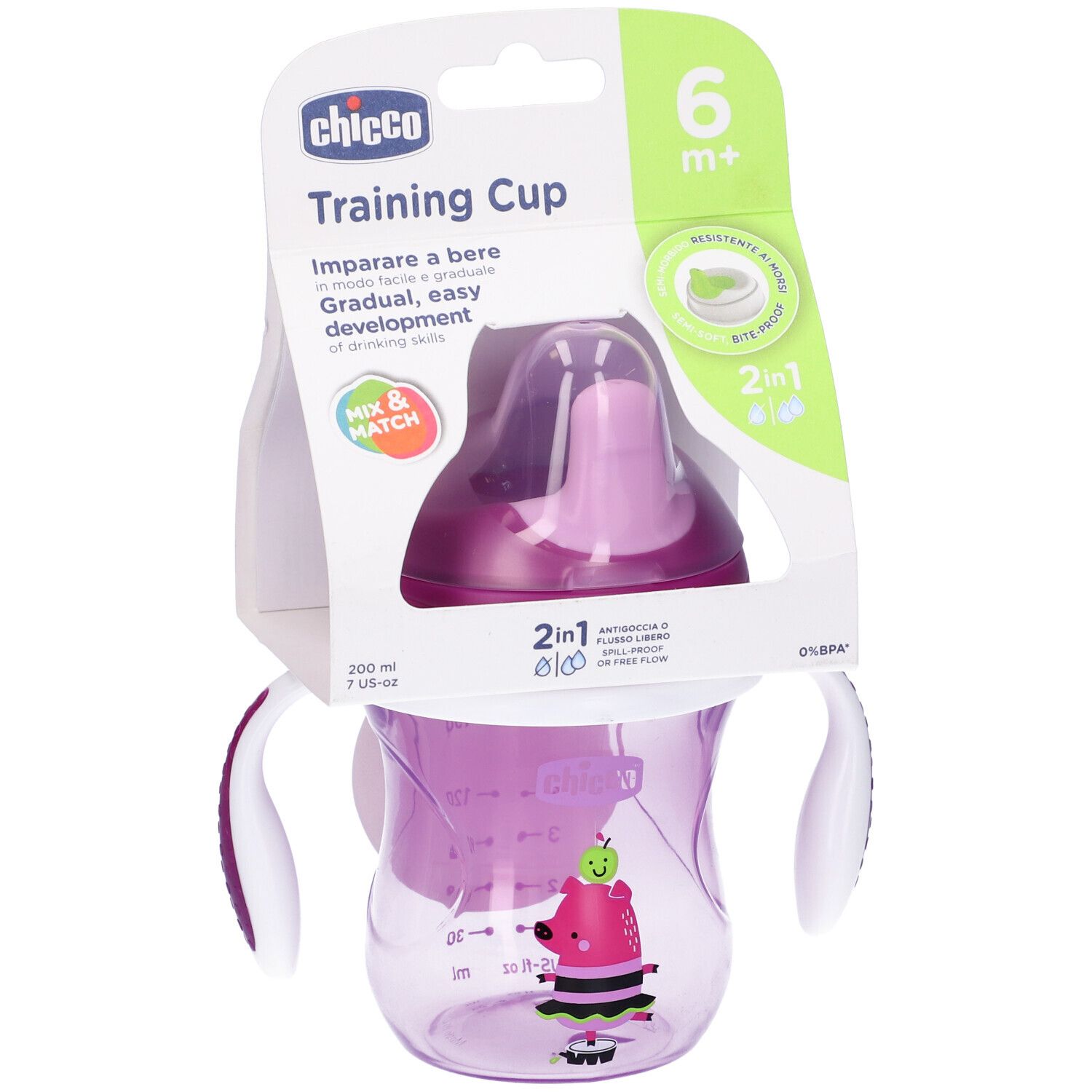 Tazza rosa con confezione. La tazza ha manici e coperchio. Sulla confezione c'è scritto 'Training Cup'.
