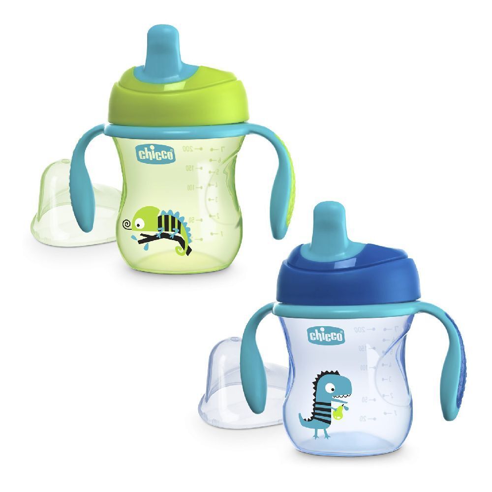 Due tazze per l'apprendimento per bambini con manici. Verde e blu, con illustrazioni di animali. Coperchi e beccucci.