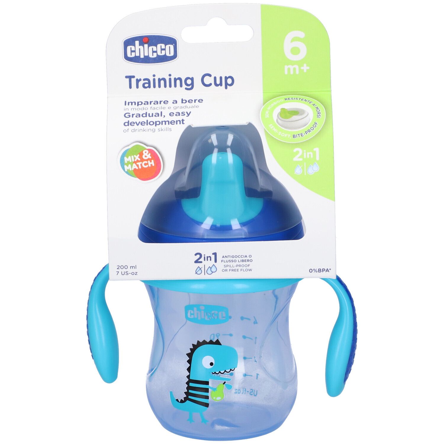 Tazza per l'apprendimento per bambini in confezione. Blu, con manici e illustrazione di dinosauro. Scritta: 6m+, 2in1, senza BPA.