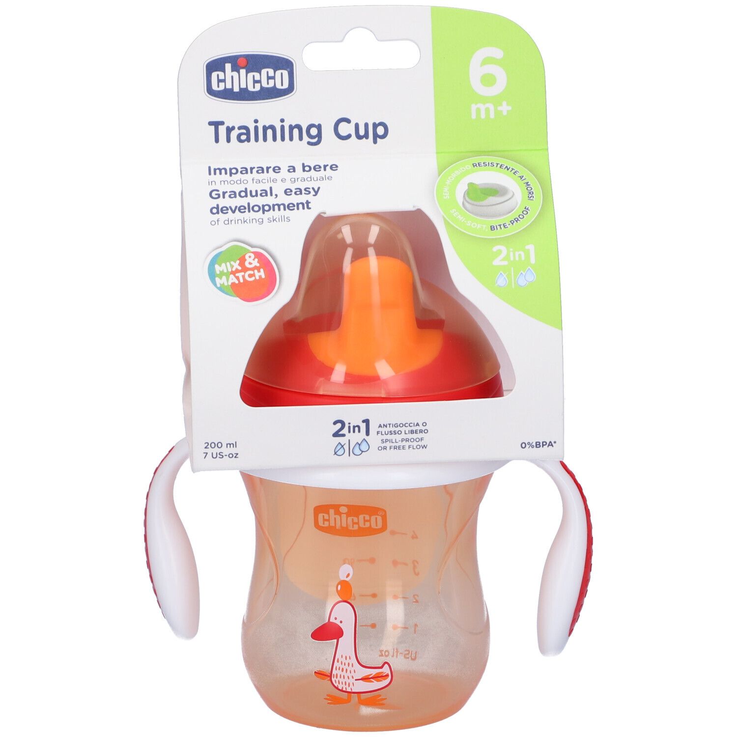 Tazza per l'apprendimento per bambini in confezione. Arancione, con manici, logo e indicazione età 6m+.