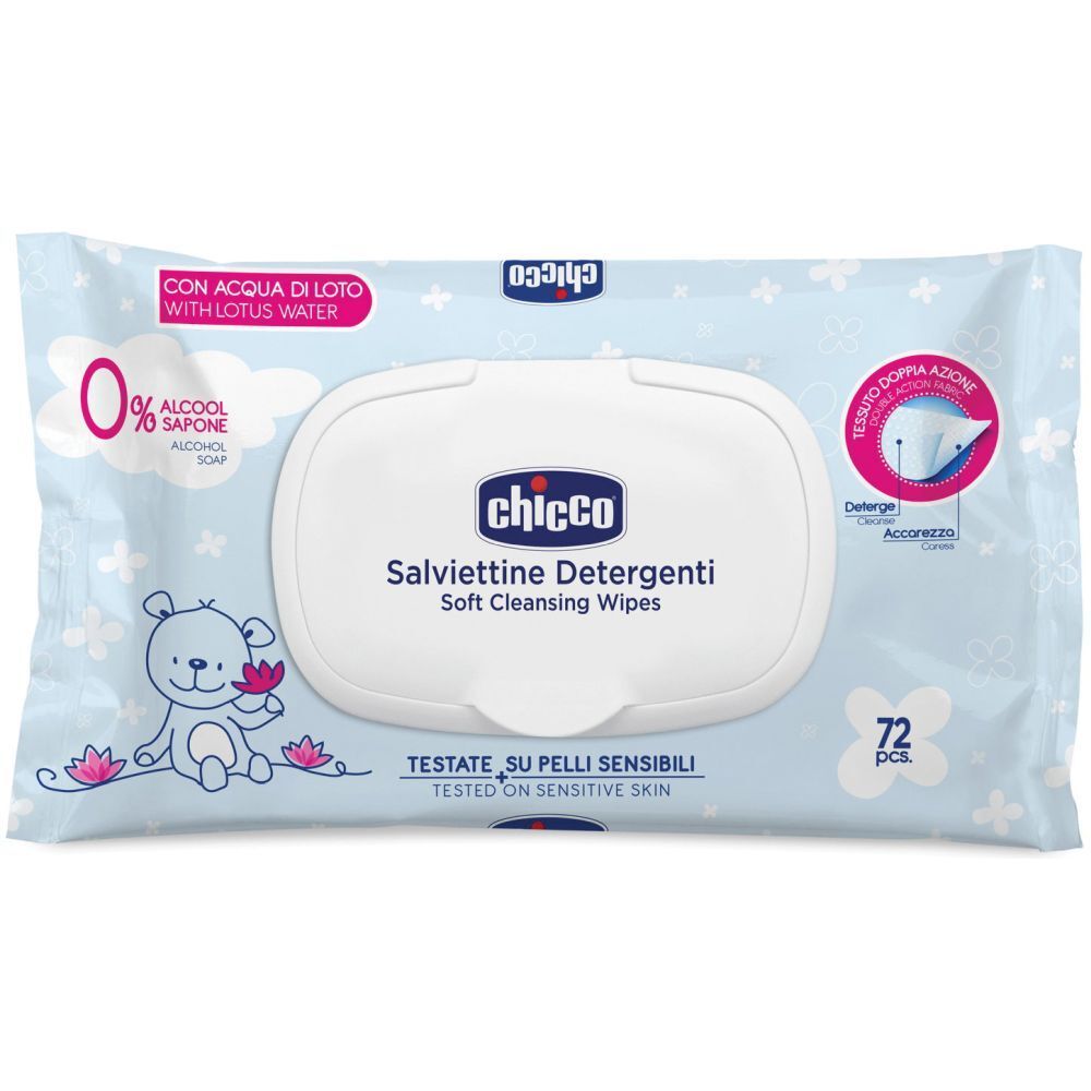 Confezione di salviettine detergenti Chicco blu con coperchio bianco. Scritto: Salvietine Detergenti, 72 pezzi. Con acqua di loto e 0% alcool.