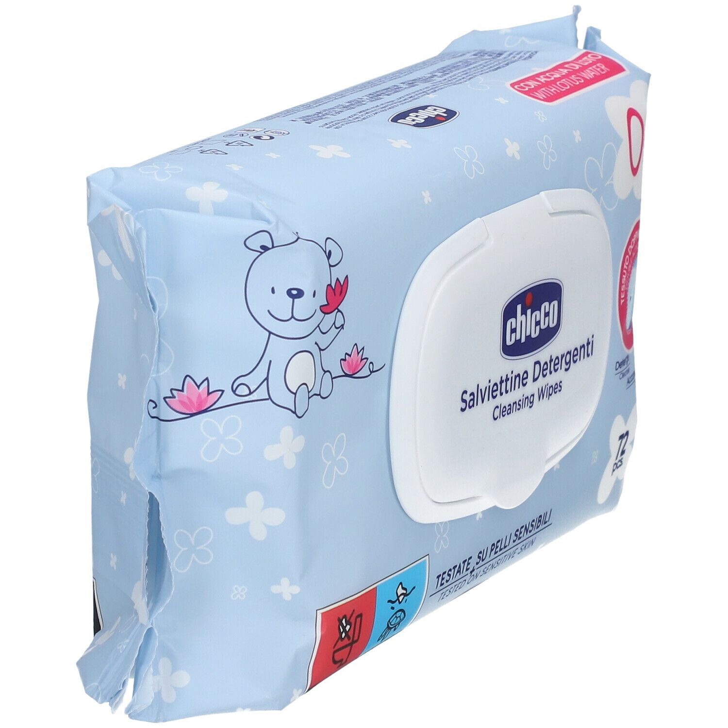 Confezione di salviettine detergenti Chicco blu con coperchio bianco. Scritto: Salvietine Detergenti, 72 pezzi. Con acqua di loto e 0% alcool.