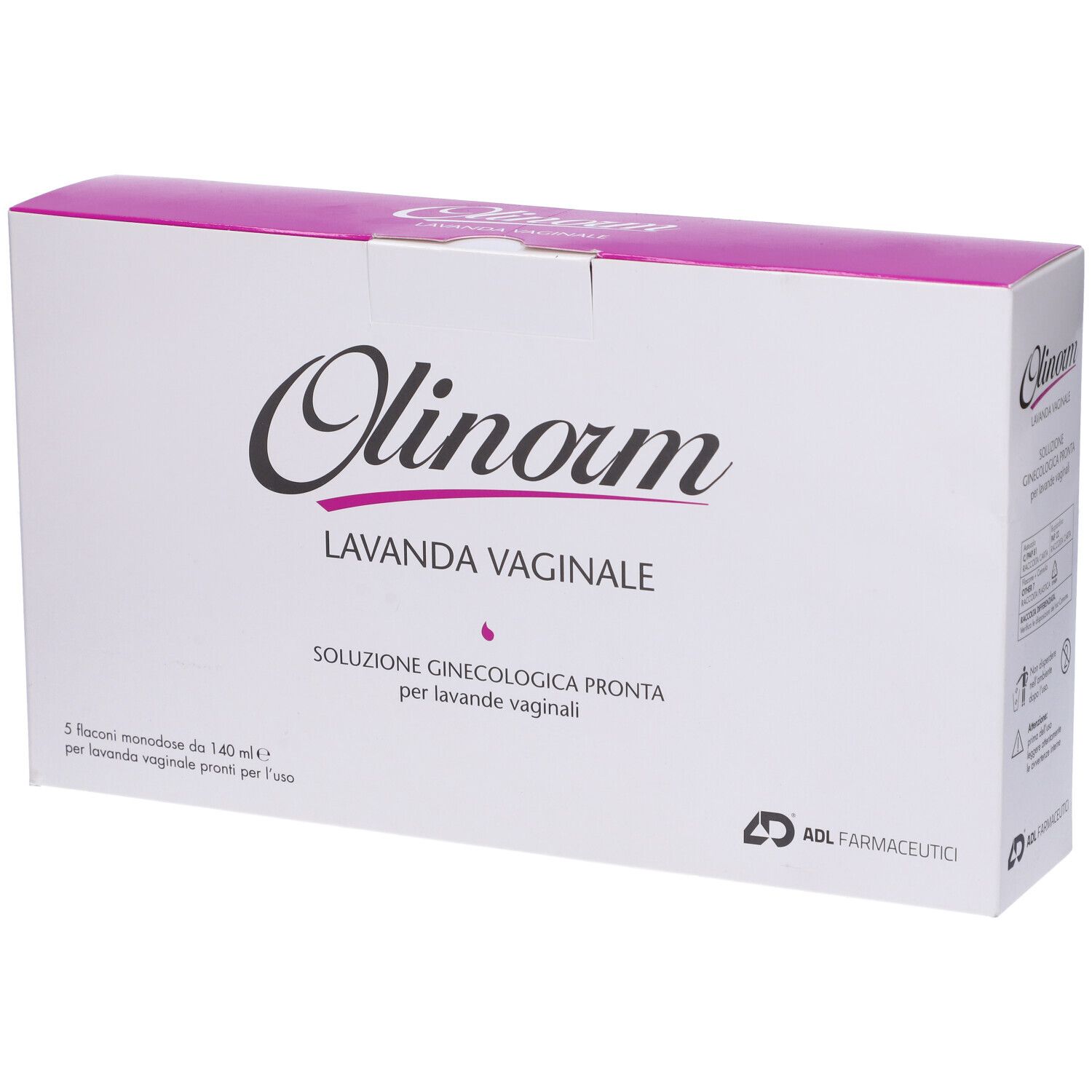 Confezione prodotto Olinorm Lavanda Vaginale. Scatola bianca con coperchio viola. Testo e logo in nero e viola.