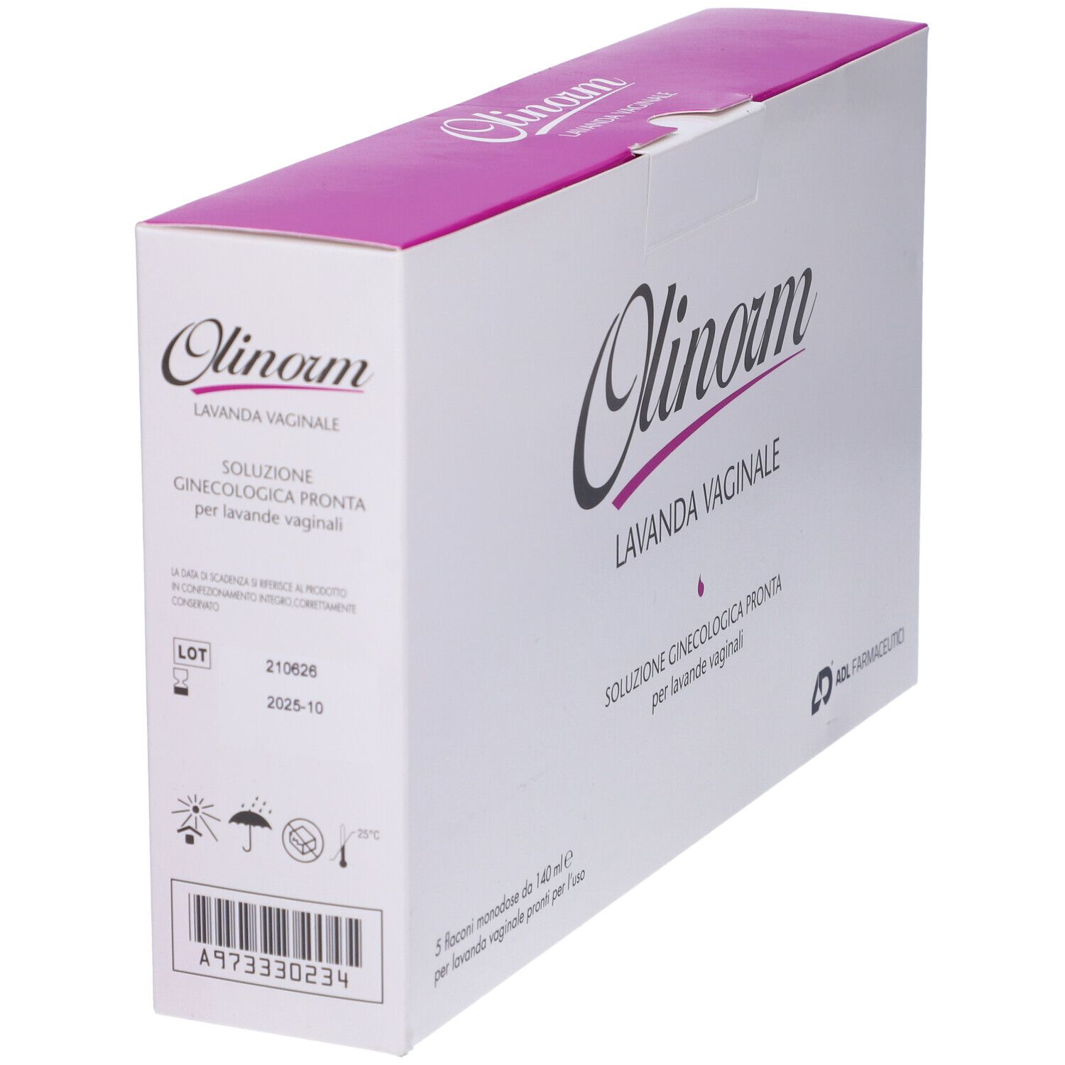 Confezione prodotto Olinorm Lavanda Vaginale. Scatola bianca con coperchio viola. Testo e logo in nero e viola. Codice a barre.