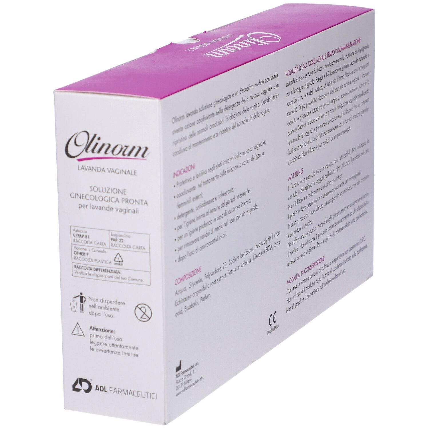 Confezione Olinorm Lavanda Vaginale. Testo in italiano. Marchio CE. Simbolo di riciclaggio.