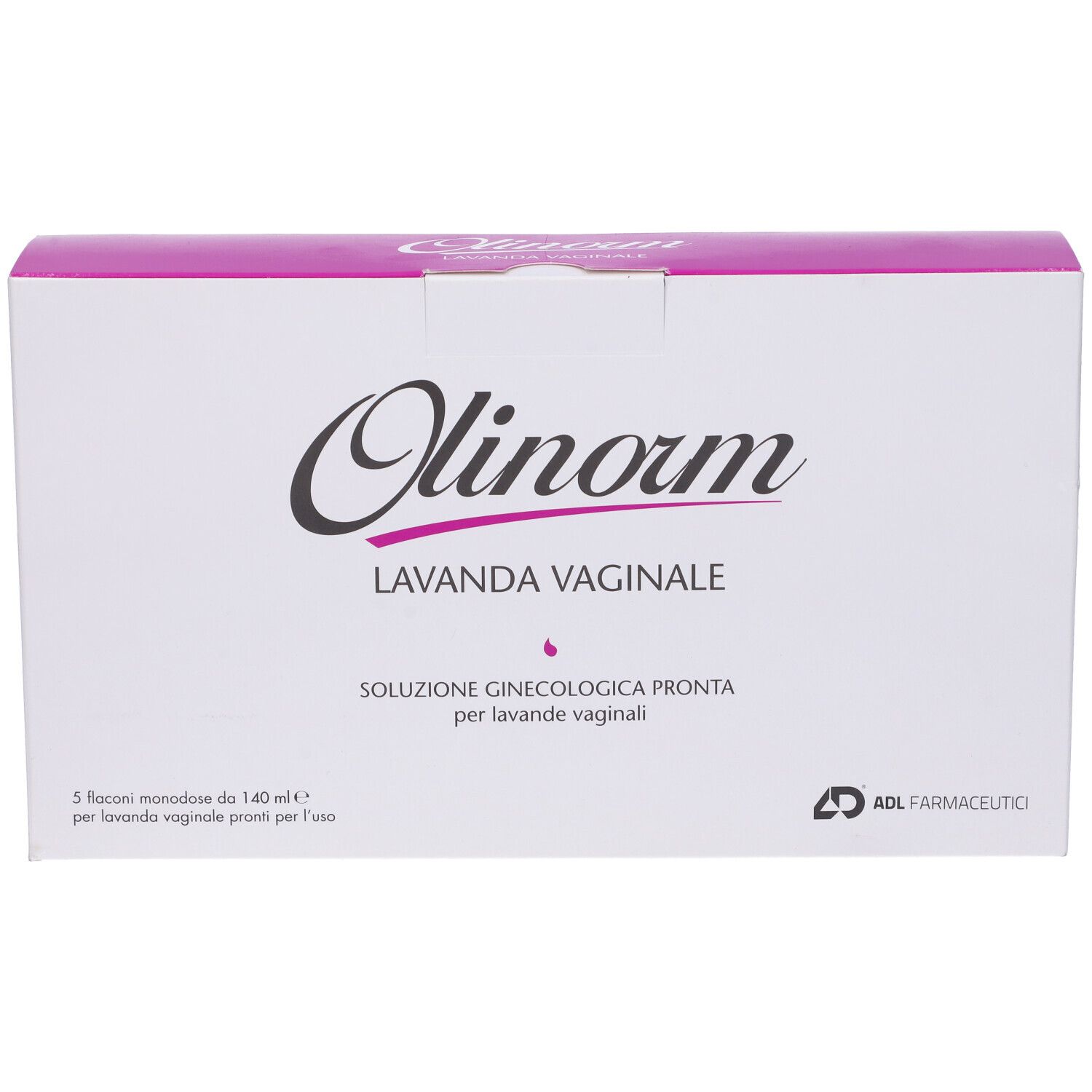 Confezione prodotto Olinorm Lavanda Vaginale. Scatola bianca con coperchio viola. Testo e logo in nero e viola.