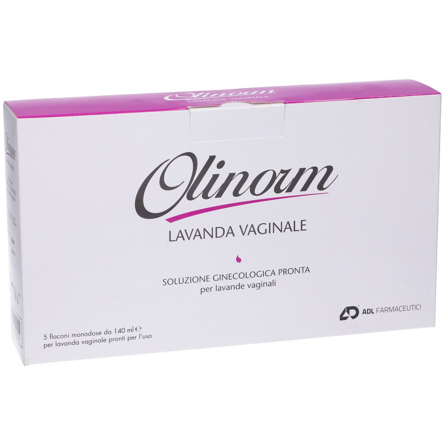 Confezione prodotto Olinorm Lavanda Vaginale. Scatola bianca con coperchio viola. Testo e logo in nero e viola.