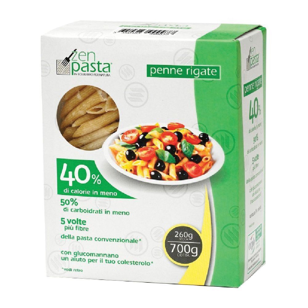 Confezione di Penne Rigate. Scritte: 40% meno calorie, 50% meno carboidrati, 5 volte più fibre. Immagine di pasta con pomodori e olive.