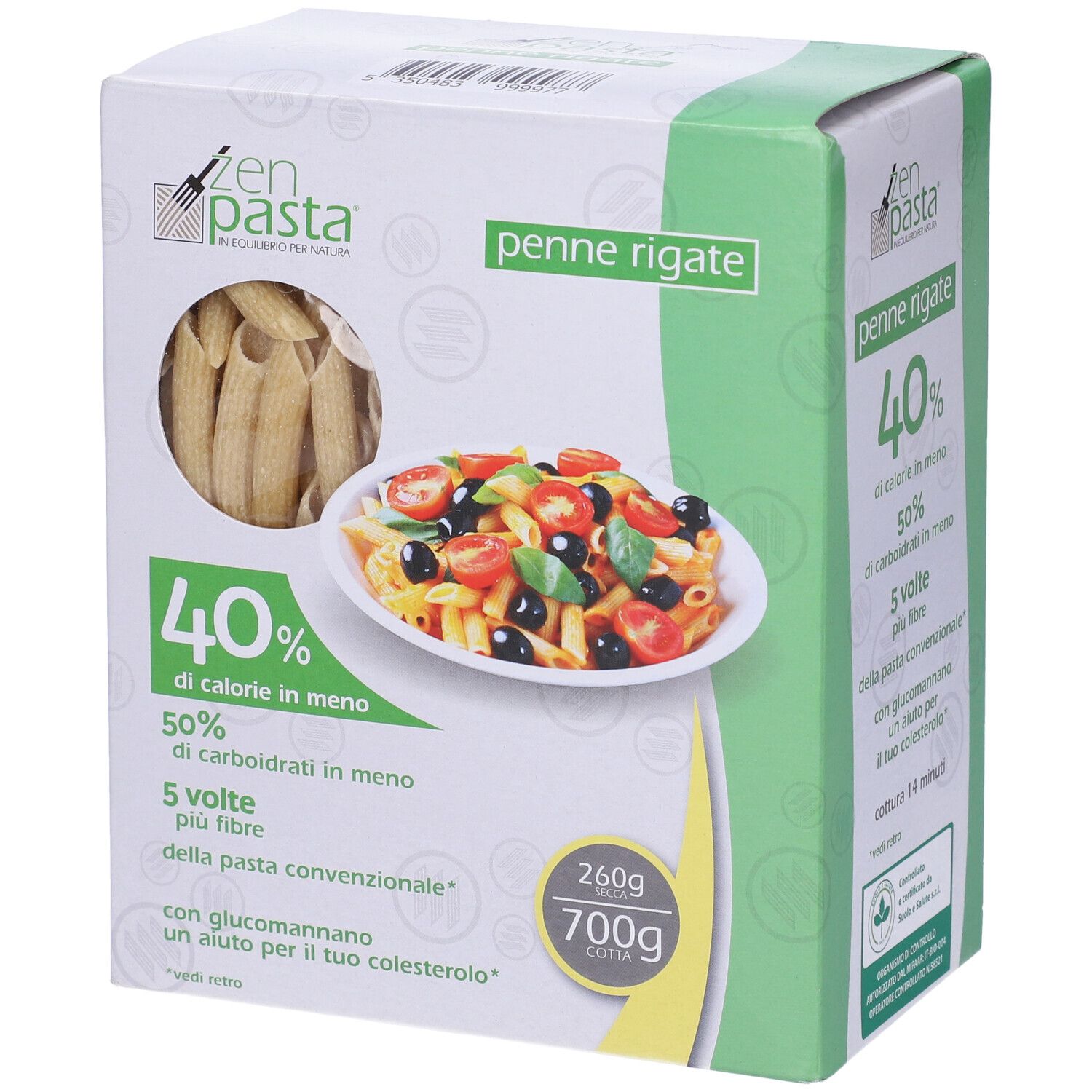 Confezione di Penne Rigate. Scritte: 40% meno calorie, 50% meno carboidrati, 5 volte più fibre. Immagine di pasta con pomodori e olive.