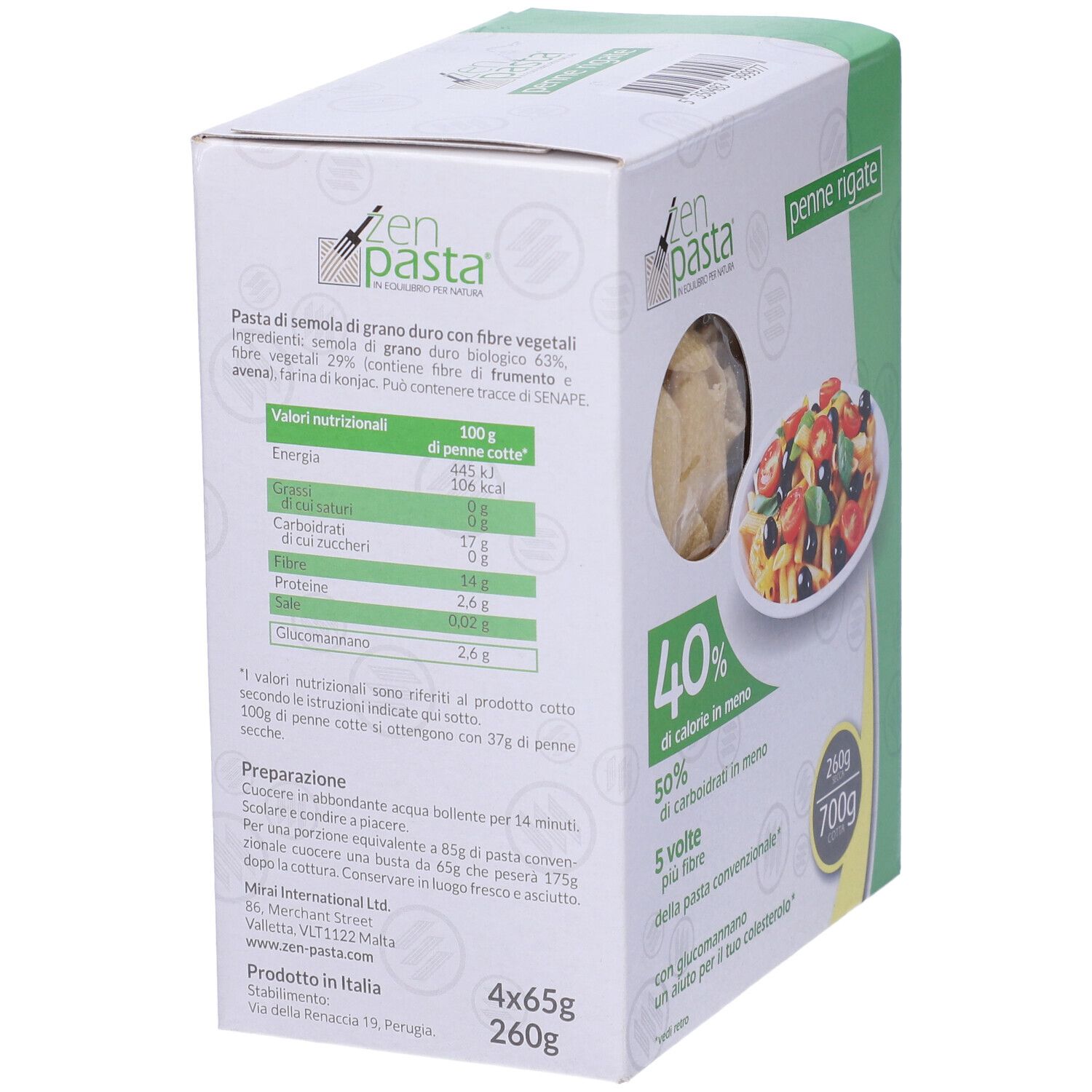 Confezione con informazioni nutrizionali e istruzioni per Penne Rigate. Contiene 4 x 65g. Scritte: 40% meno calorie, 50% meno carboidrati, 5 volte più fibre.