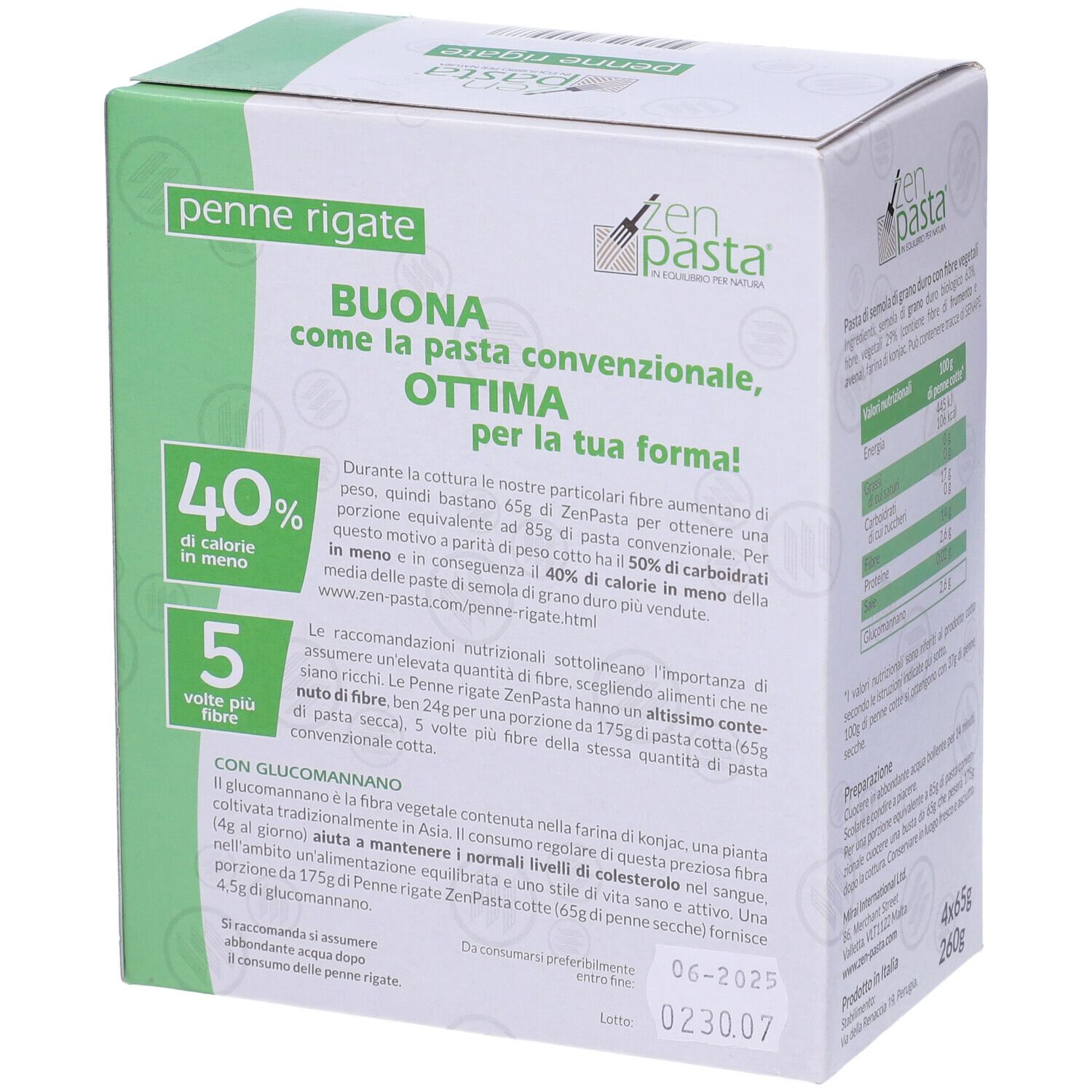 Retro della confezione con testo su Penne Rigate. Scritte: 40% meno calorie, 50% meno carboidrati, 5 volte più fibre. Data di scadenza.