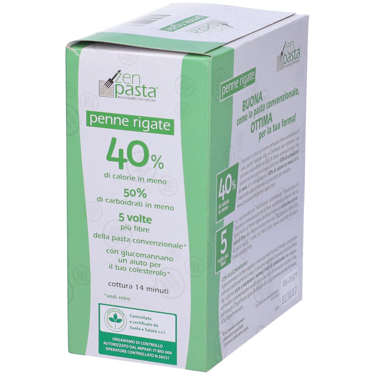 Confezione di Penne Rigate. Scritte: 40% meno calorie, 50% meno carboidrati, 5 volte più fibre. Logo di qualità controllata.
