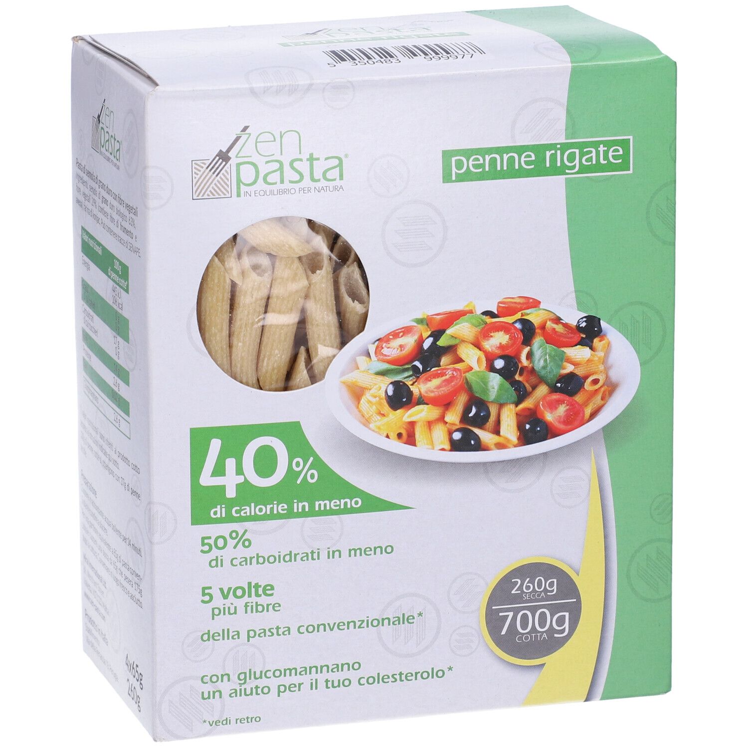 Confezione di Penne Rigate. Scritte: 40% meno calorie, 50% meno carboidrati, 5 volte più fibre. Immagine di pasta con pomodori e olive.