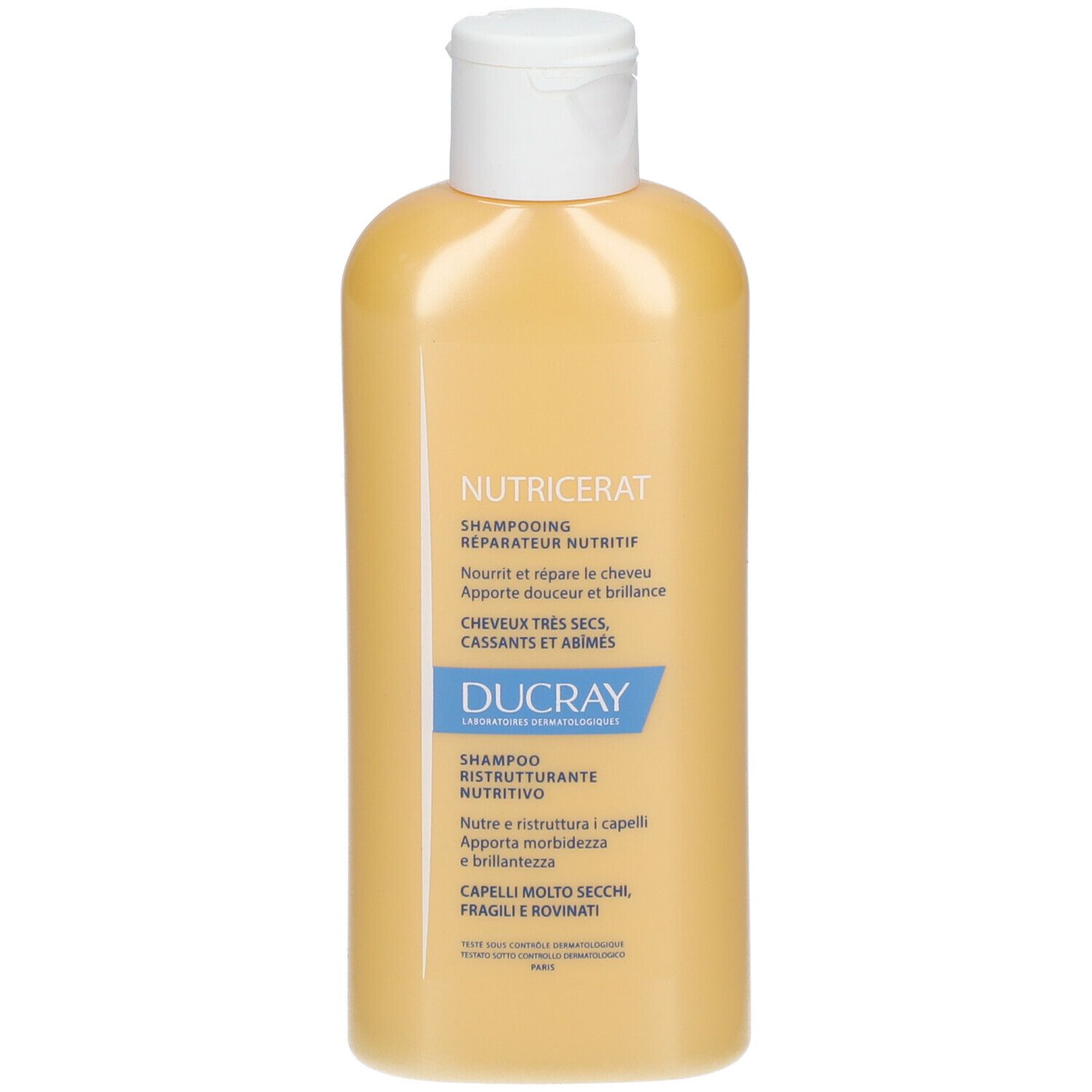 Flacon jaunâtre avec bouchon blanc. Inscription: DUCRAY Nutricerat Shampoo, pour cheveux très secs et abîmés.