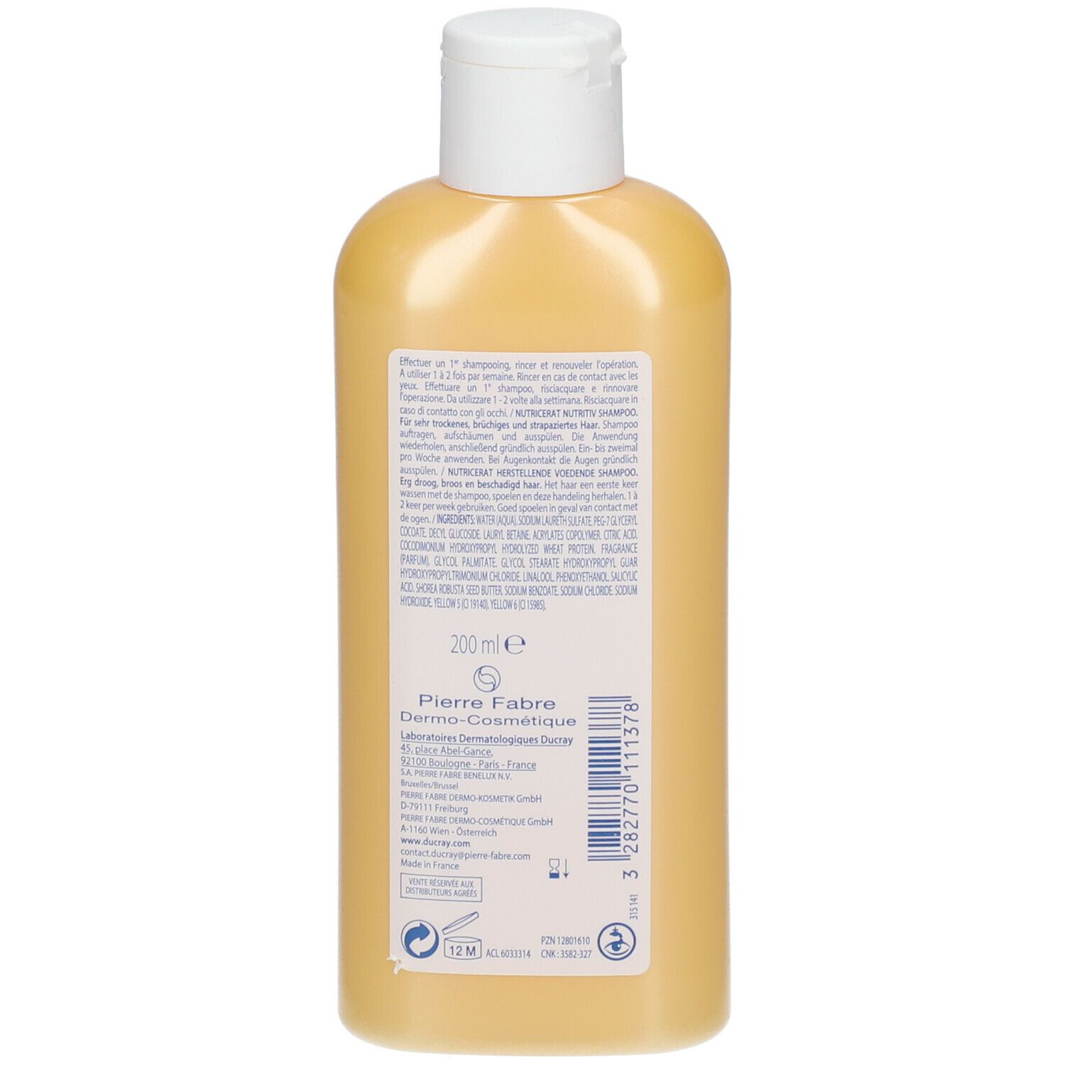 Dos d'un flacon jaunâtre avec bouchon blanc. Texte multilingue. 200 ml. Pierre Fabre.
