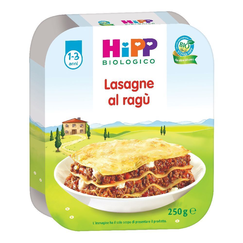 Confezione di lasagne al ragù bio Hipp. Scritta: 1-3 anni, biologico, 250g. Piatto su un piatto.