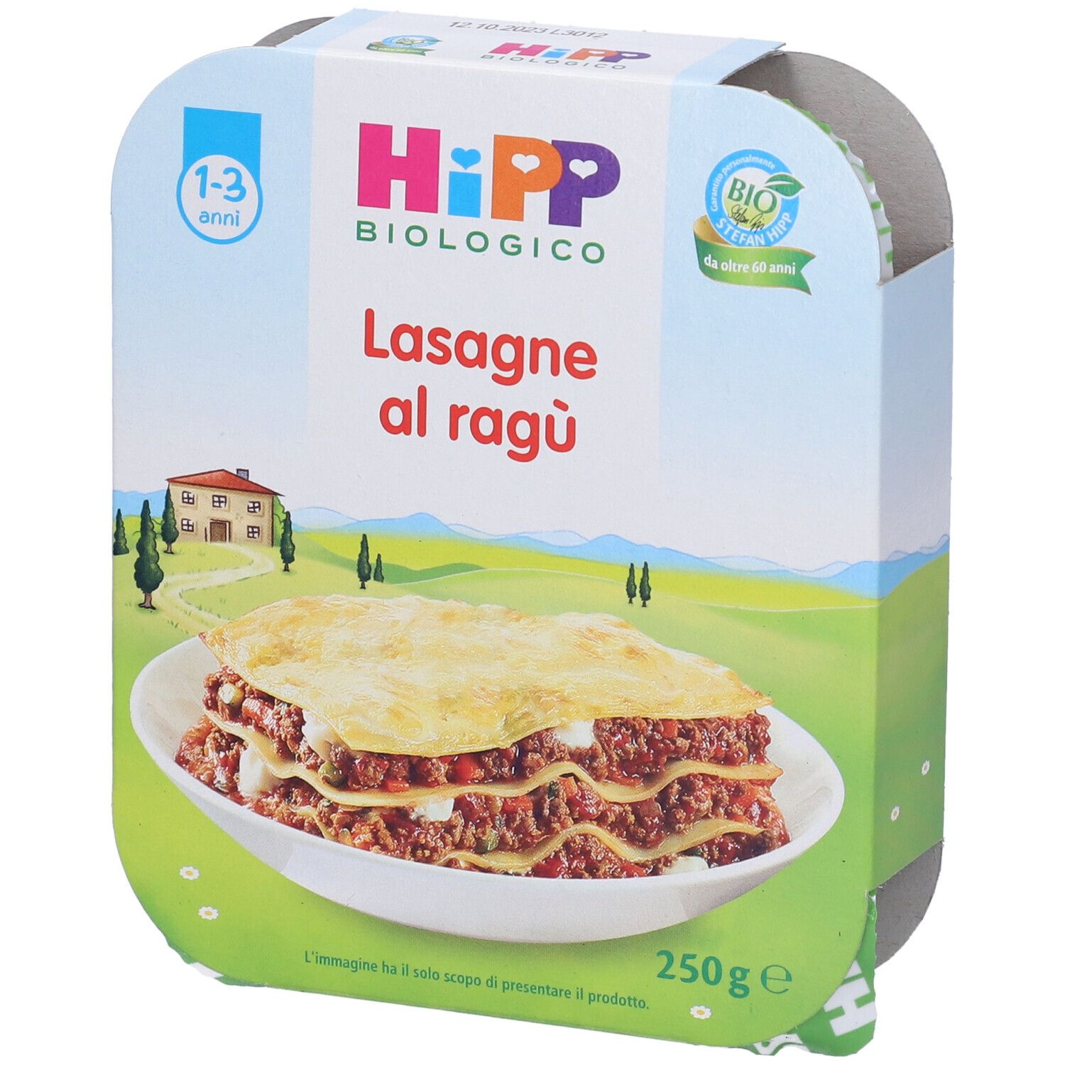 Confezione di lasagne al ragù bio Hipp. Scritta: 1-3 anni, biologico, 250g. Piatto su un piatto.