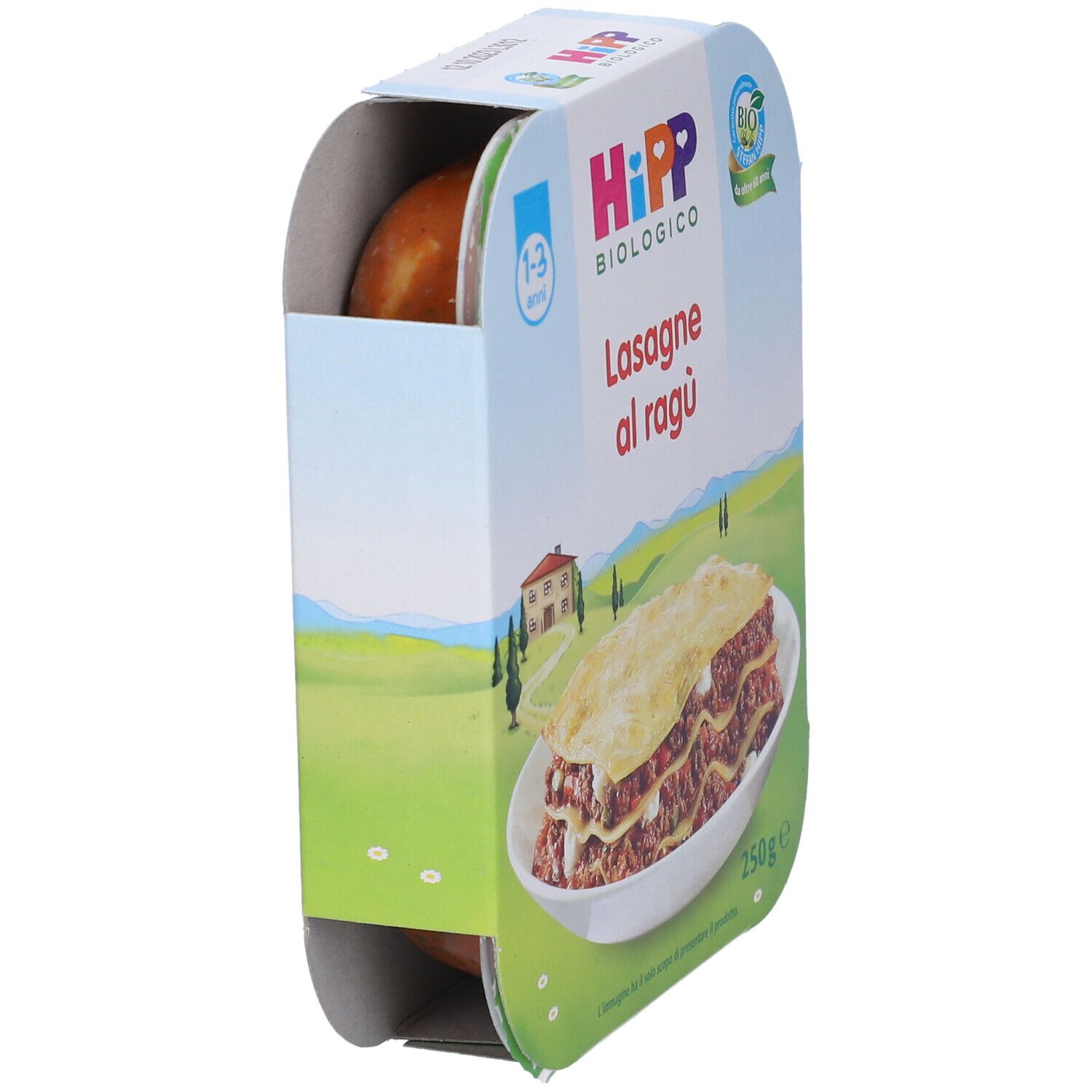 Confezione di lasagne al ragù bio Hipp. Scritta: 1-3 anni, biologico, 250g. Piatto su un piatto.