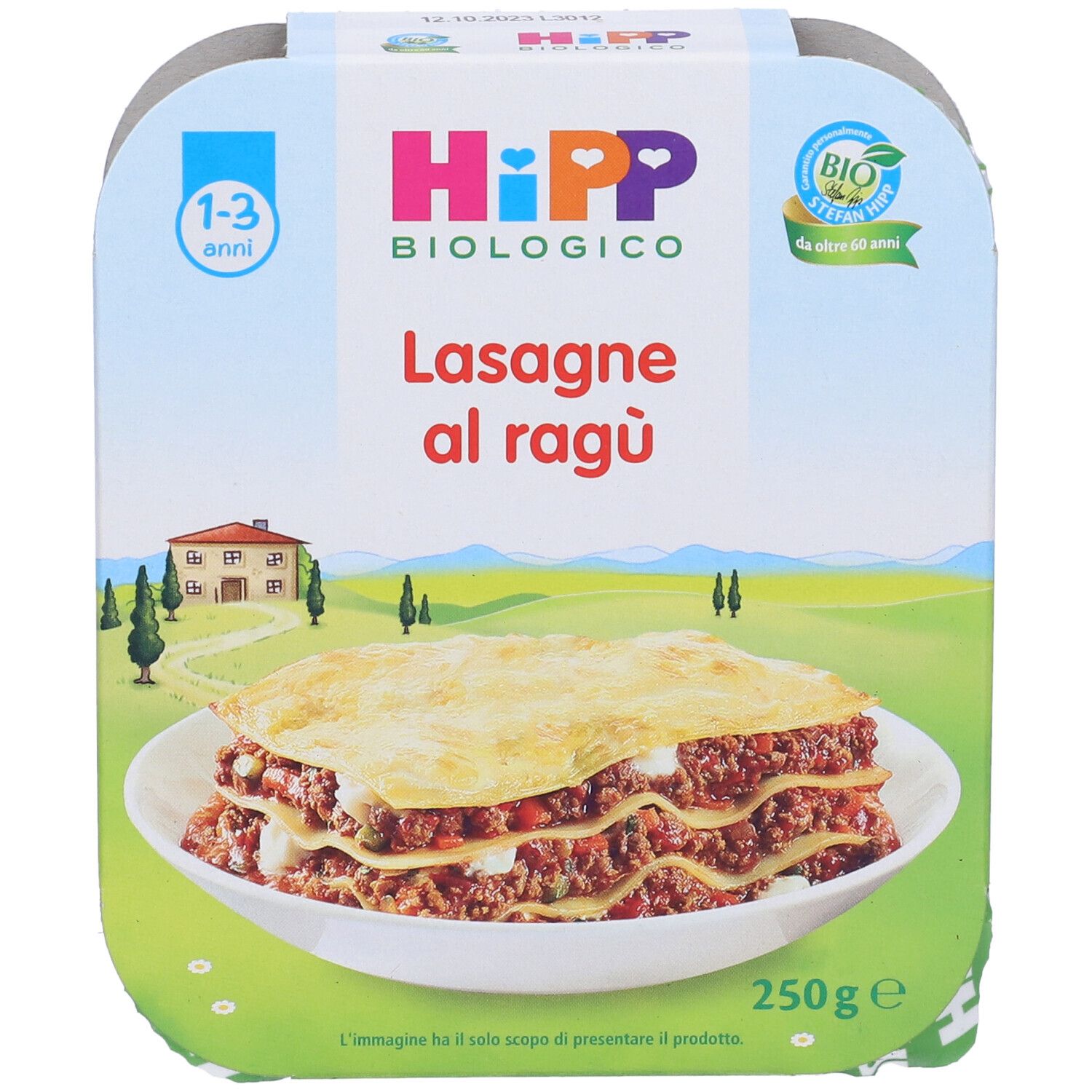 Confezione di lasagne al ragù bio Hipp. Scritta: 1-3 anni, biologico, 250g. Piatto su un piatto.