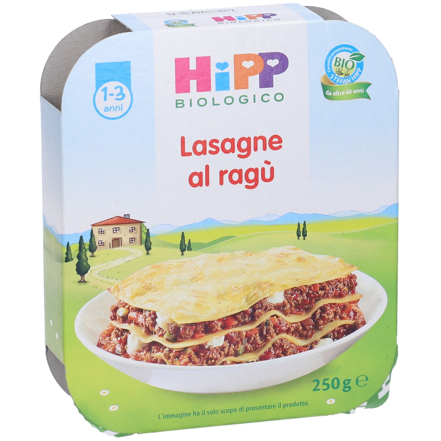 Confezione di lasagne al ragù bio Hipp. Scritta: 1-3 anni, biologico, 250g. Piatto su un piatto.
