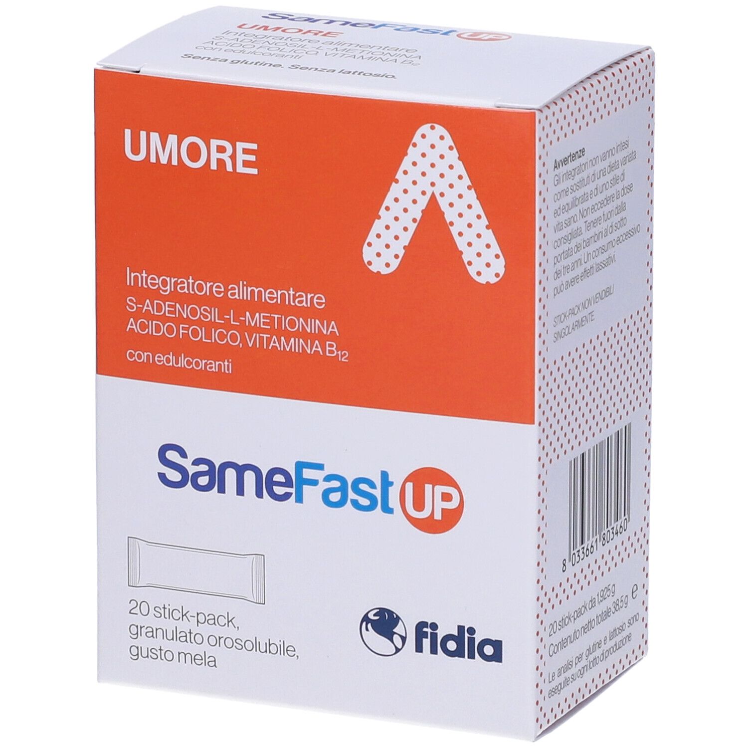 Scatola SameFast UP, scritta: UMORE, Integratore alimentare, 20 stick-pack, gusto mela. Marchio: Fidia.