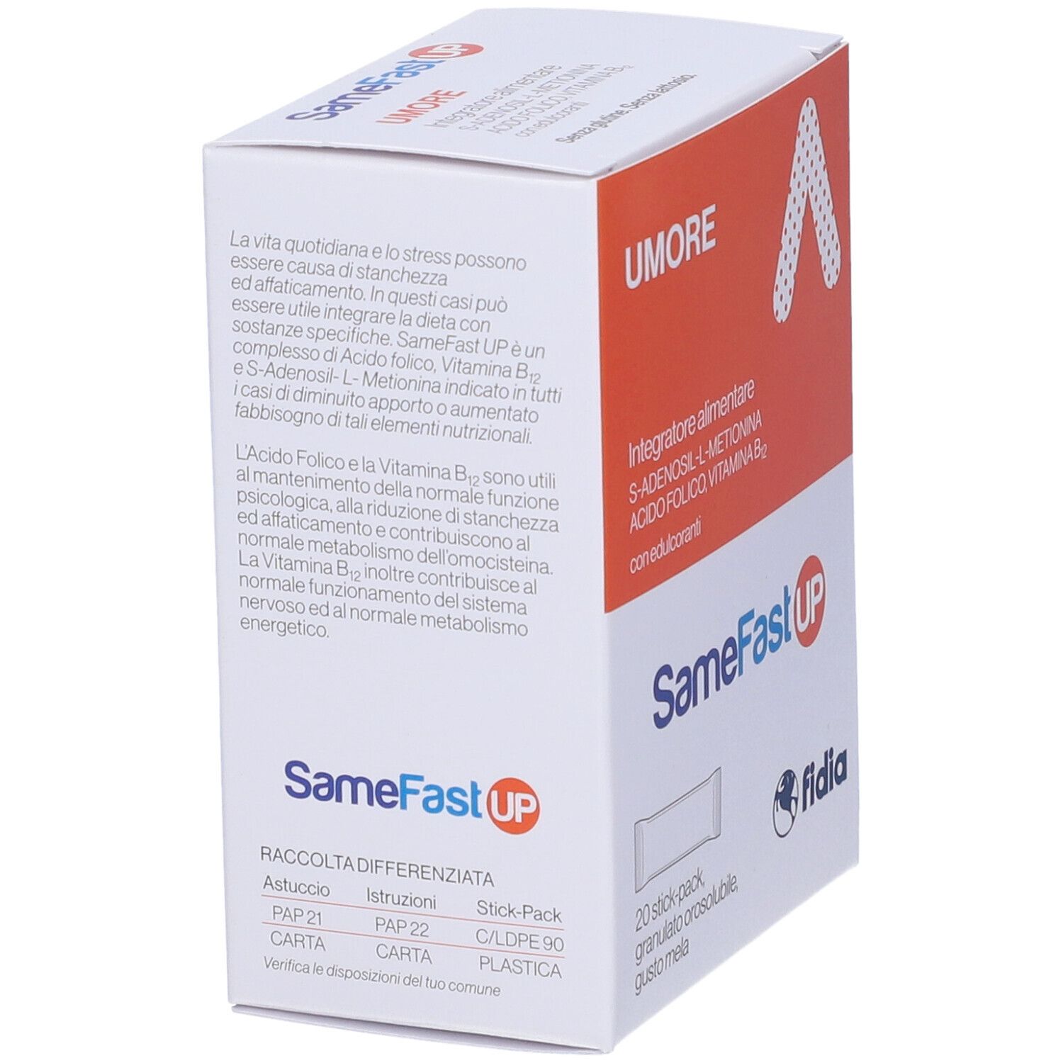 Scatola SameFast UP, scritta: UMORE, Integratore alimentare, 20 stick-pack, gusto mela. Marchio: Fidia.
