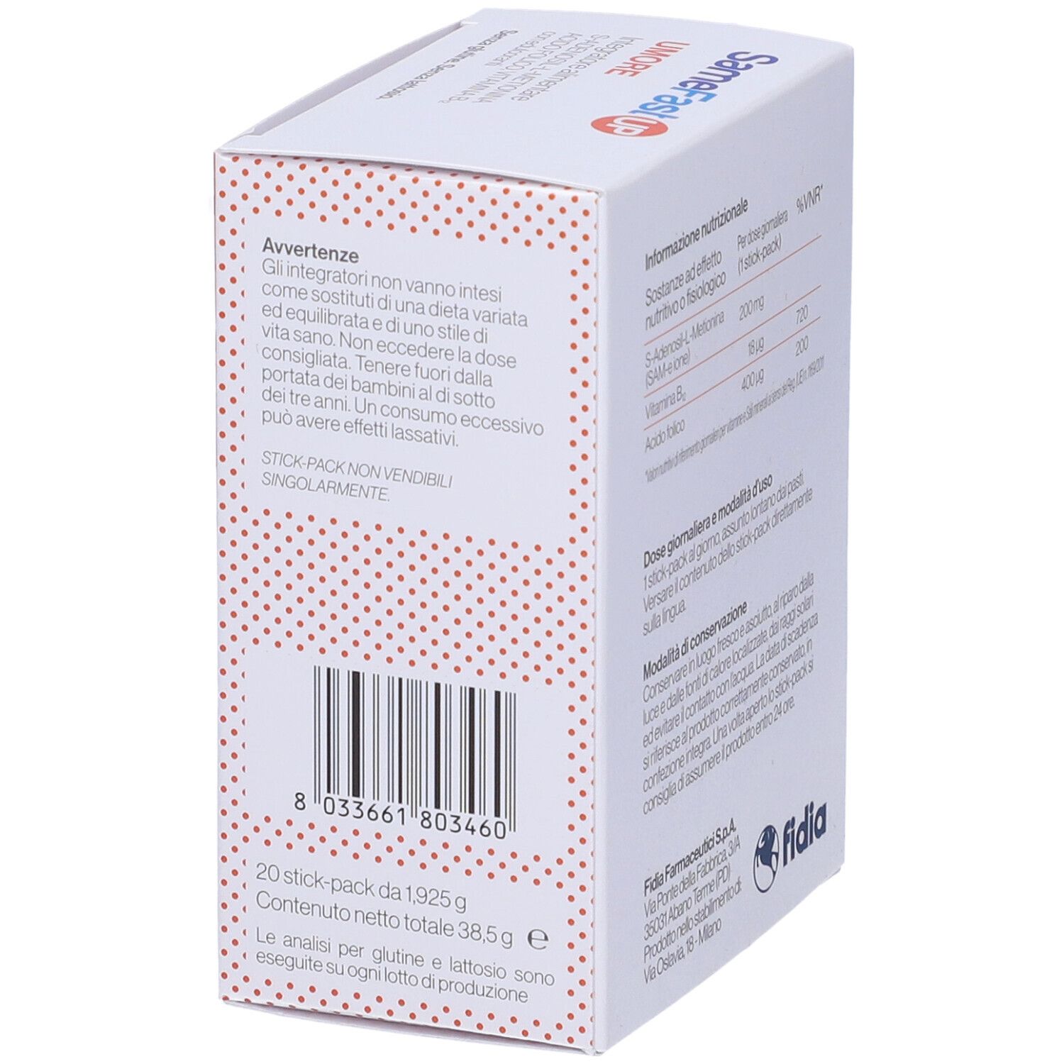 Retro della scatola SameFast UP. Scritte: Avvertenze, codice a barre, 20 stick-pack. Marchio: Fidia.
