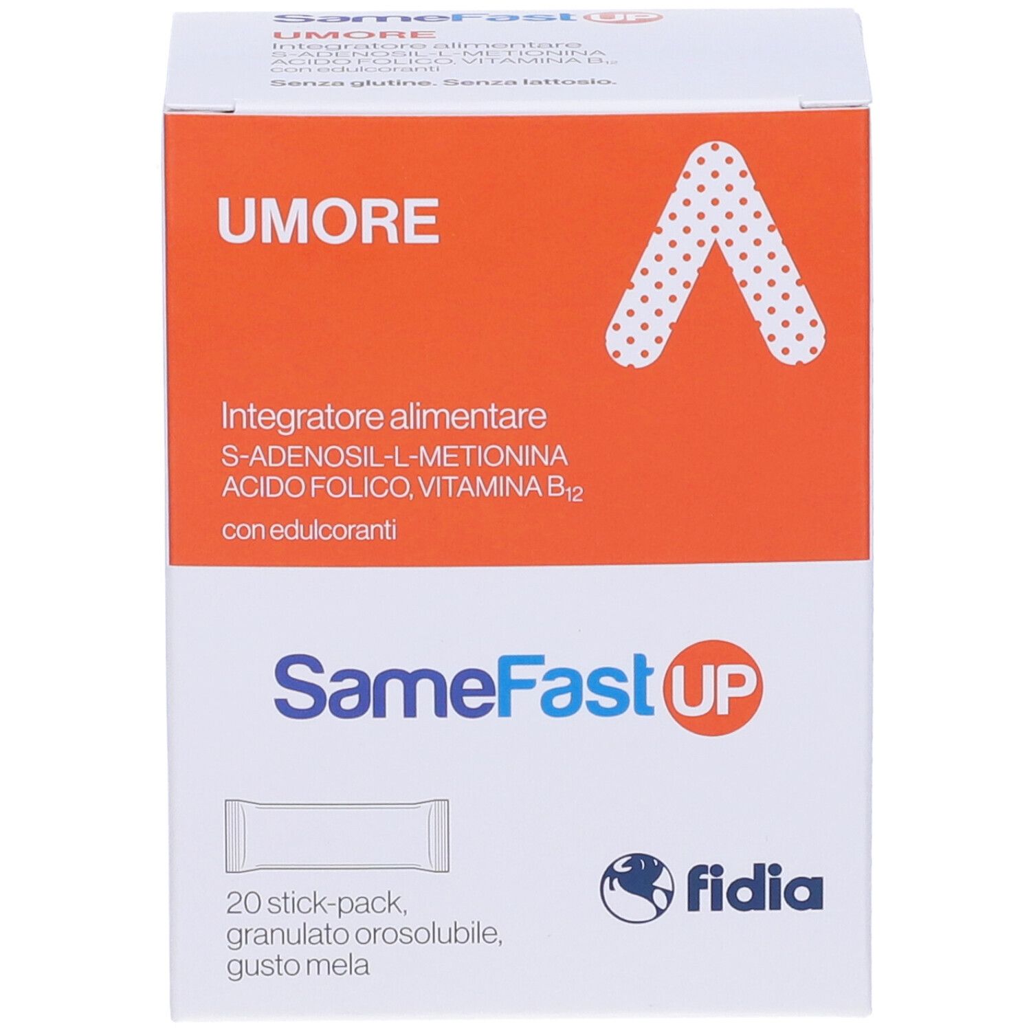 Scatola SameFast UP, scritta: UMORE, Integratore alimentare, 20 stick-pack, gusto mela. Marchio: Fidia.