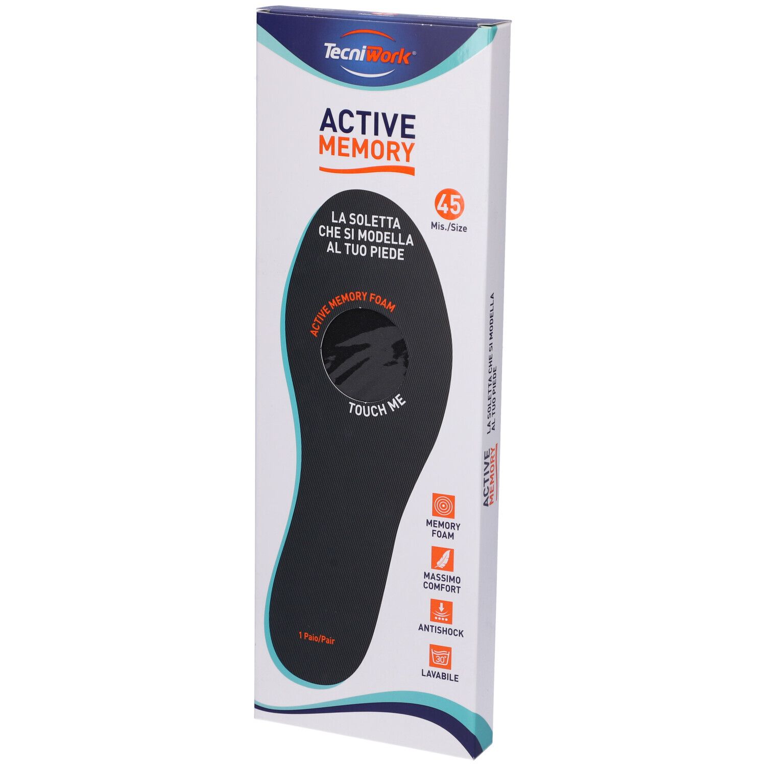 Soletta nera in confezione. Testo: Active Memory, 45, Touch Me. Confezione con logo e informazioni sul prodotto.