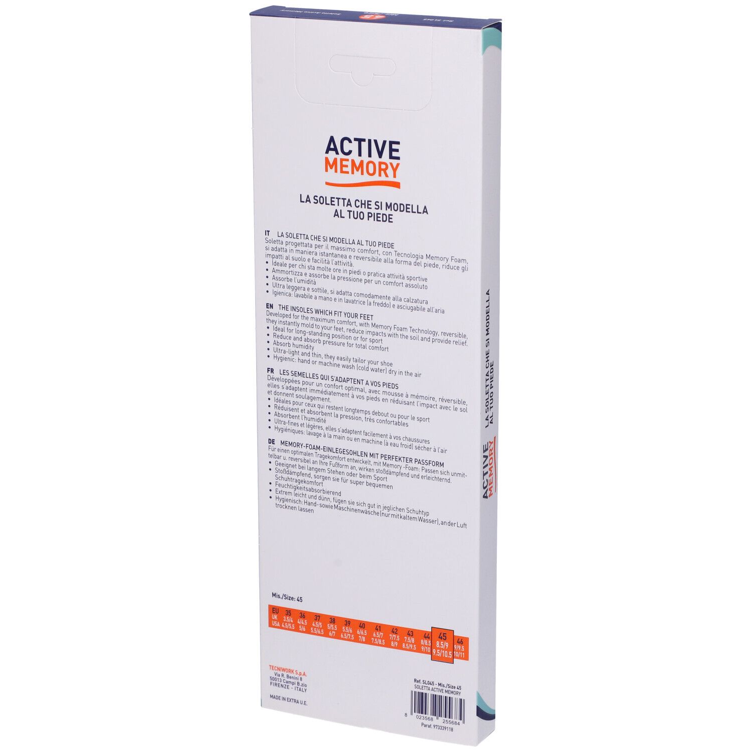 Retro della confezione. Testo: Active Memory, informazioni sul prodotto, taglie. Logo TecniWork.