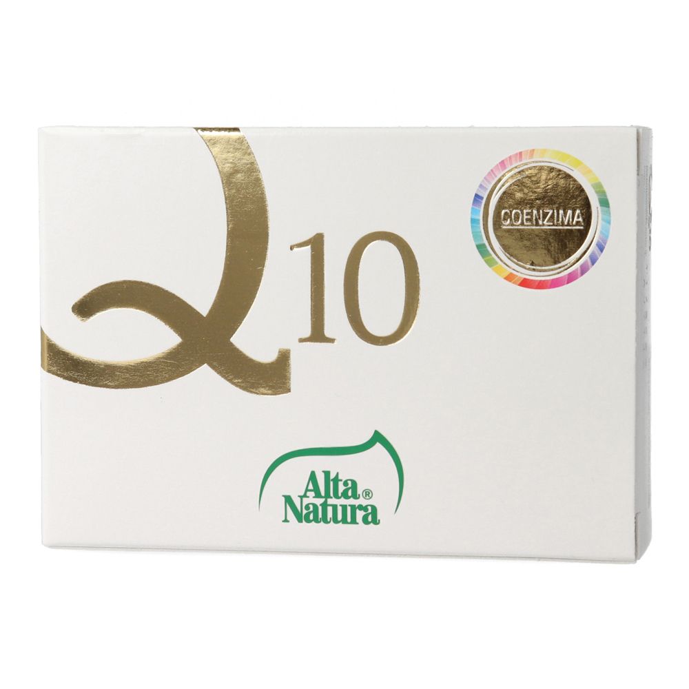 Scatola bianca con scritta dorata "Q10" e logo "Coenzima". Marchio: Alta Natura.