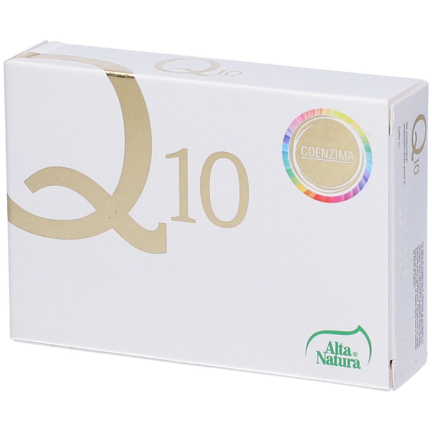 Scatola bianca, scritta dorata "Q10", logo "Coenzima". Marchio: Alta Natura. Vista prospettica.